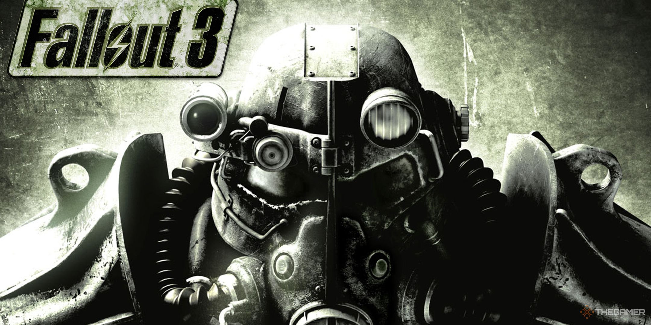 A greyscale image with a logo reading Fallout 3 and a close up shot of a power suit.