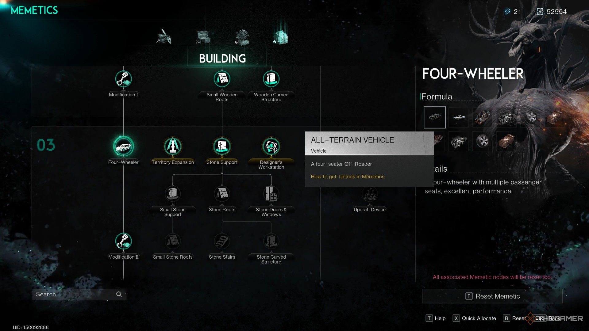 A screenshot of the Memetic file showing the All-Terrain Vehicle in Once Human.