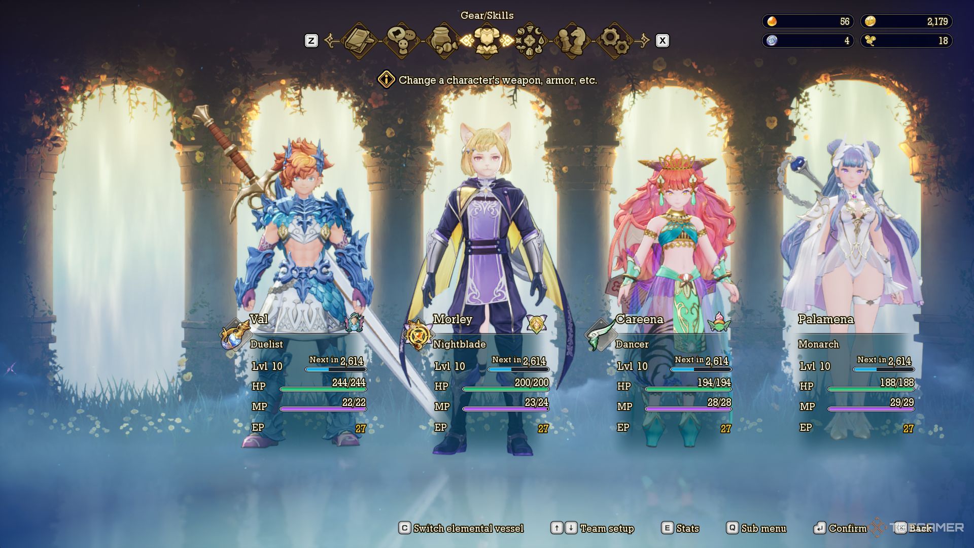 Team selection menu with Morley, Val and Careena.