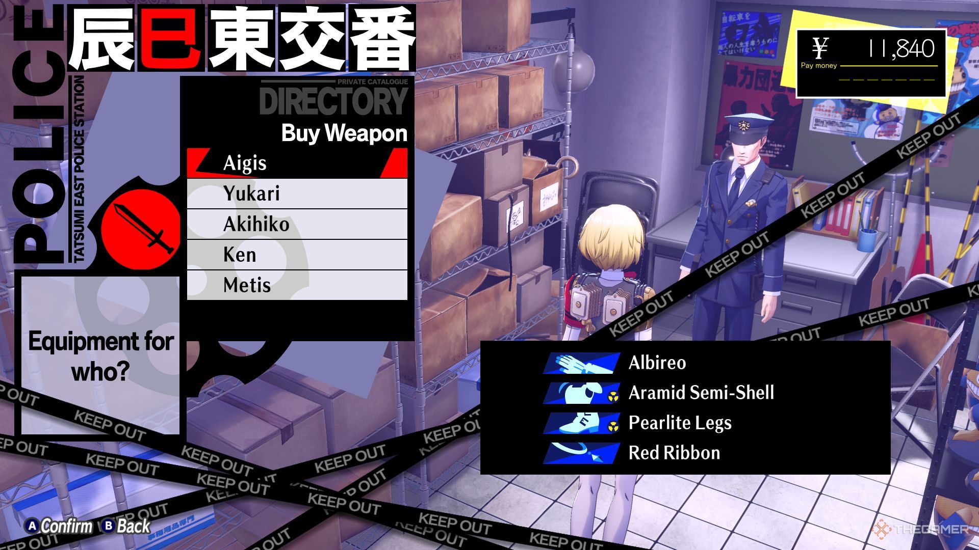 The weapon shop menu is shown in Officer Kurosawa's shop.