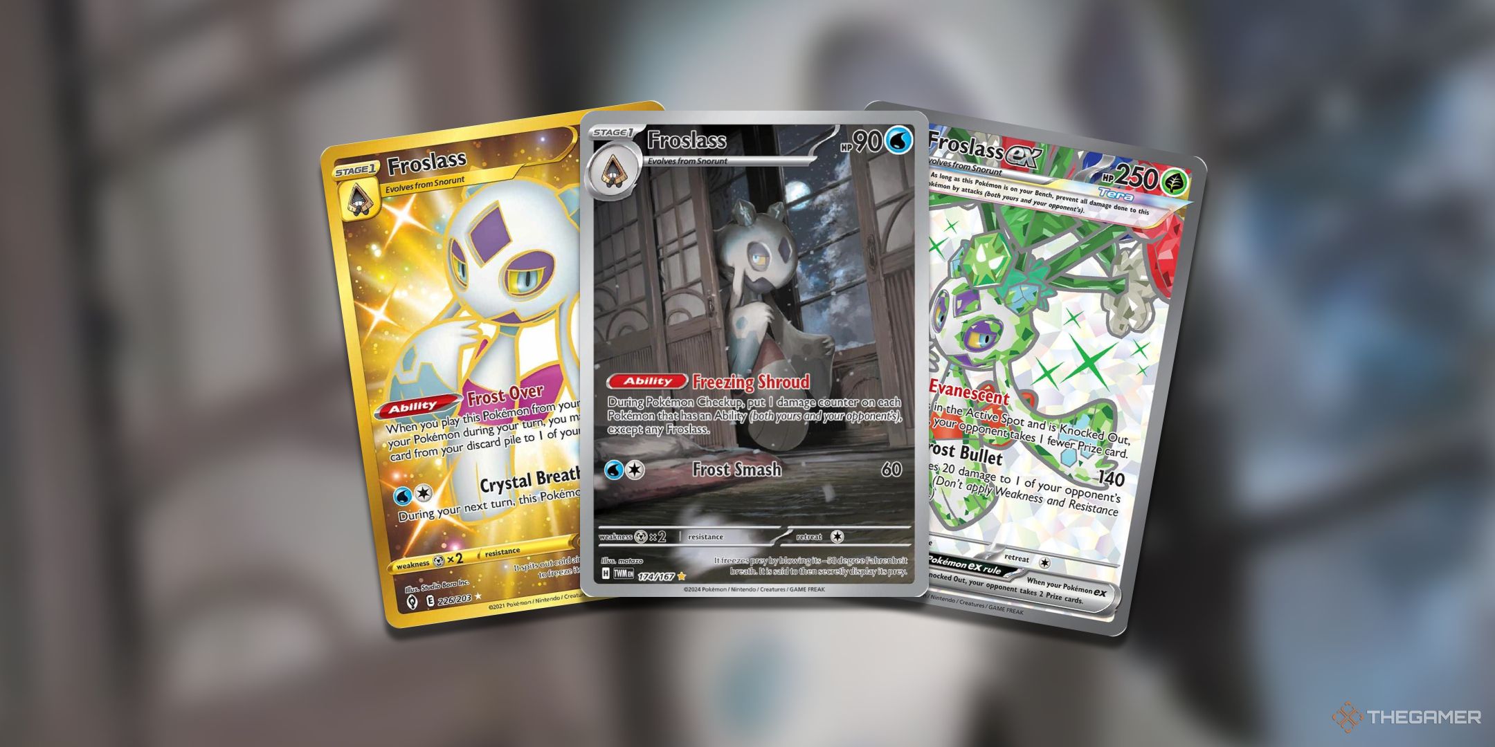 A collage of Froslass Pokemon TCG Card Art.