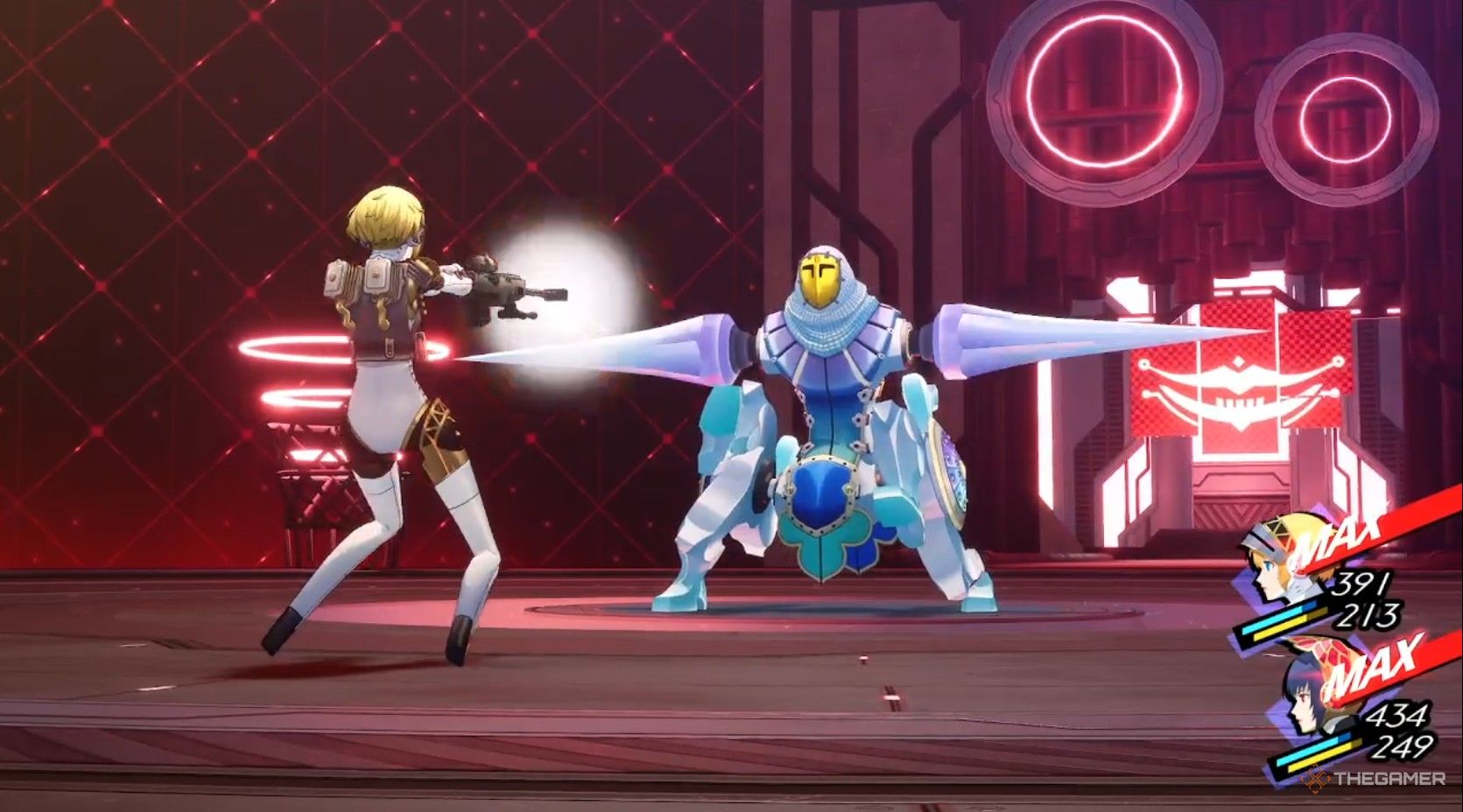 Aigis firing at Rampage Drive in a Monad door in Episode Aigis in the Judecca door in Persona 3 Reload.