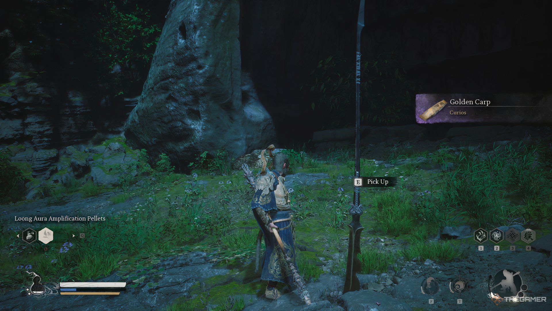 The Destined One about to collect the glaive left behind the Yellow Loong in Black Myth: Wukong.