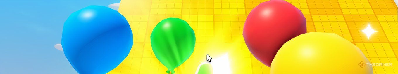 A blue, green, red, and yellow balloon float in a loose bouquet in Roblox's Balloon Simulator.