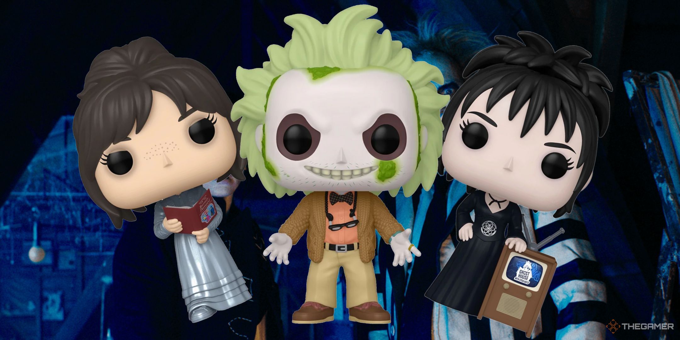 Featured image of three Beetlejuice Funko Pops in front of a screenshot from the second movie.