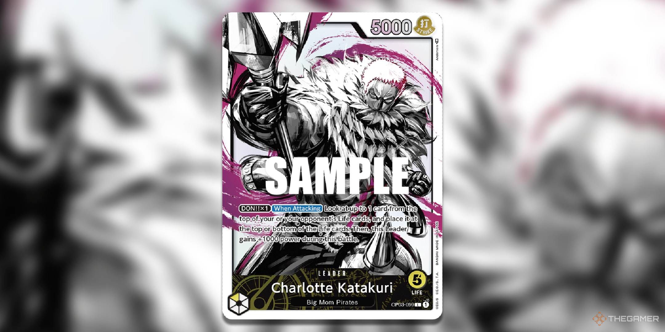 Charlotte Katakuri alternate art leader from OP-03 with a gaussian blur background.