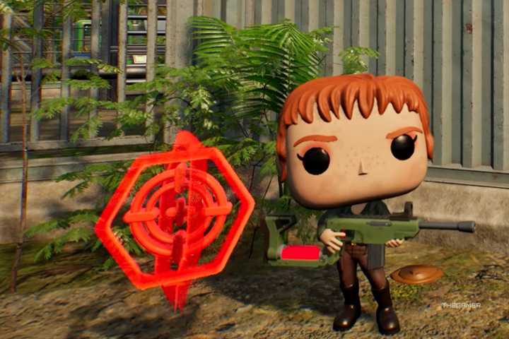Claire Dearing is standing next to a red weapon protopart in Funko Fusion.