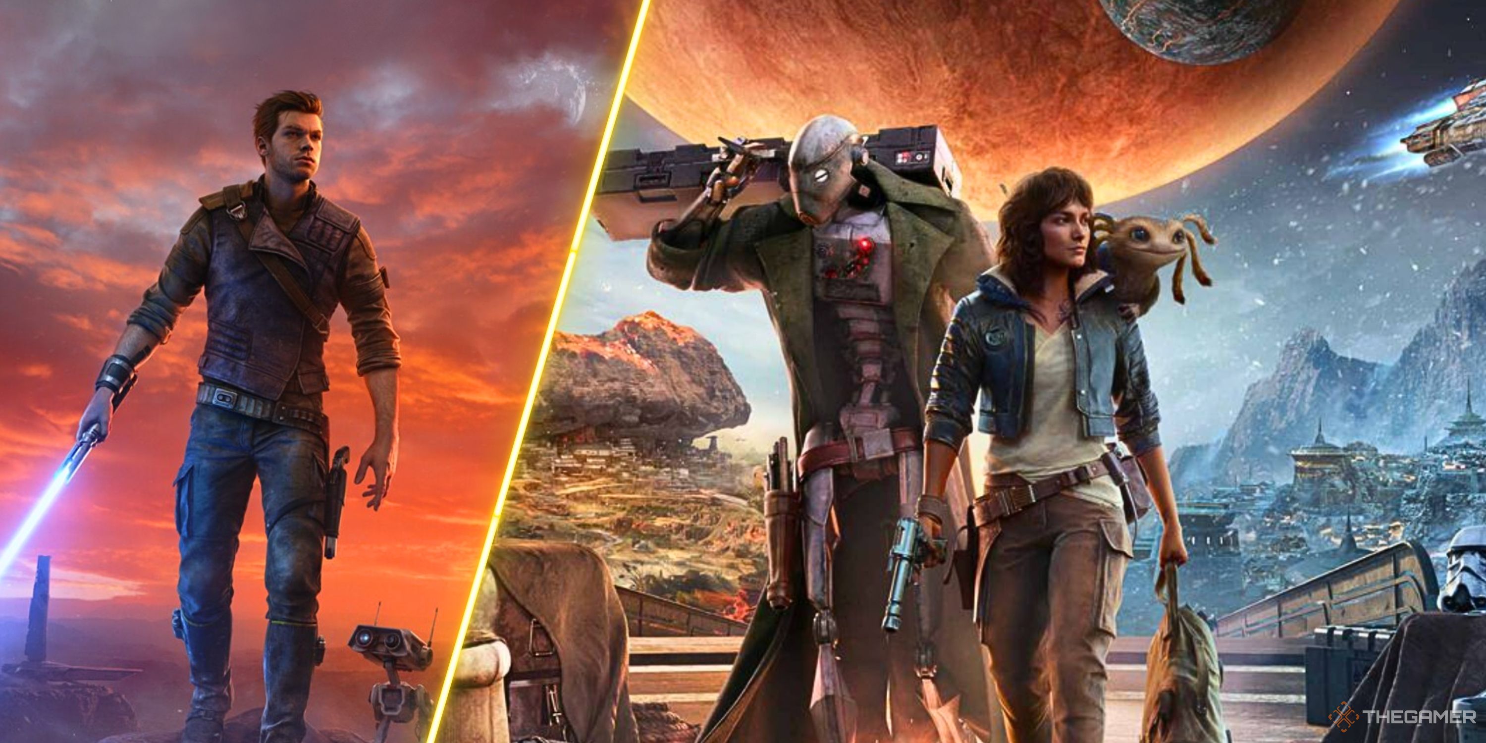 Collage image of Cal from jedi survivor and the cover art for Star Wars Outlaws