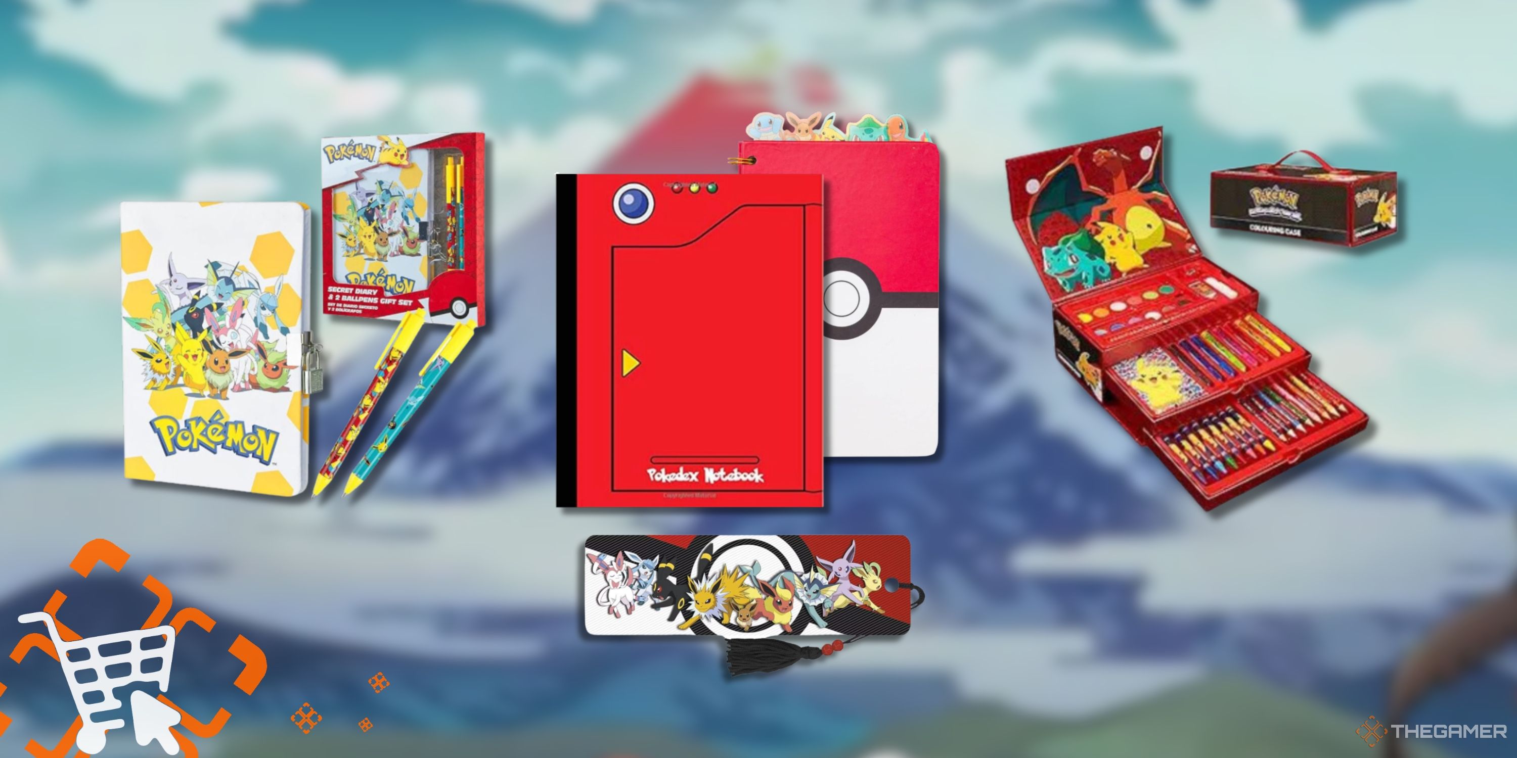 Collage image of several types of pokemon themed stationary including notebooks, pencils, and a bookmark