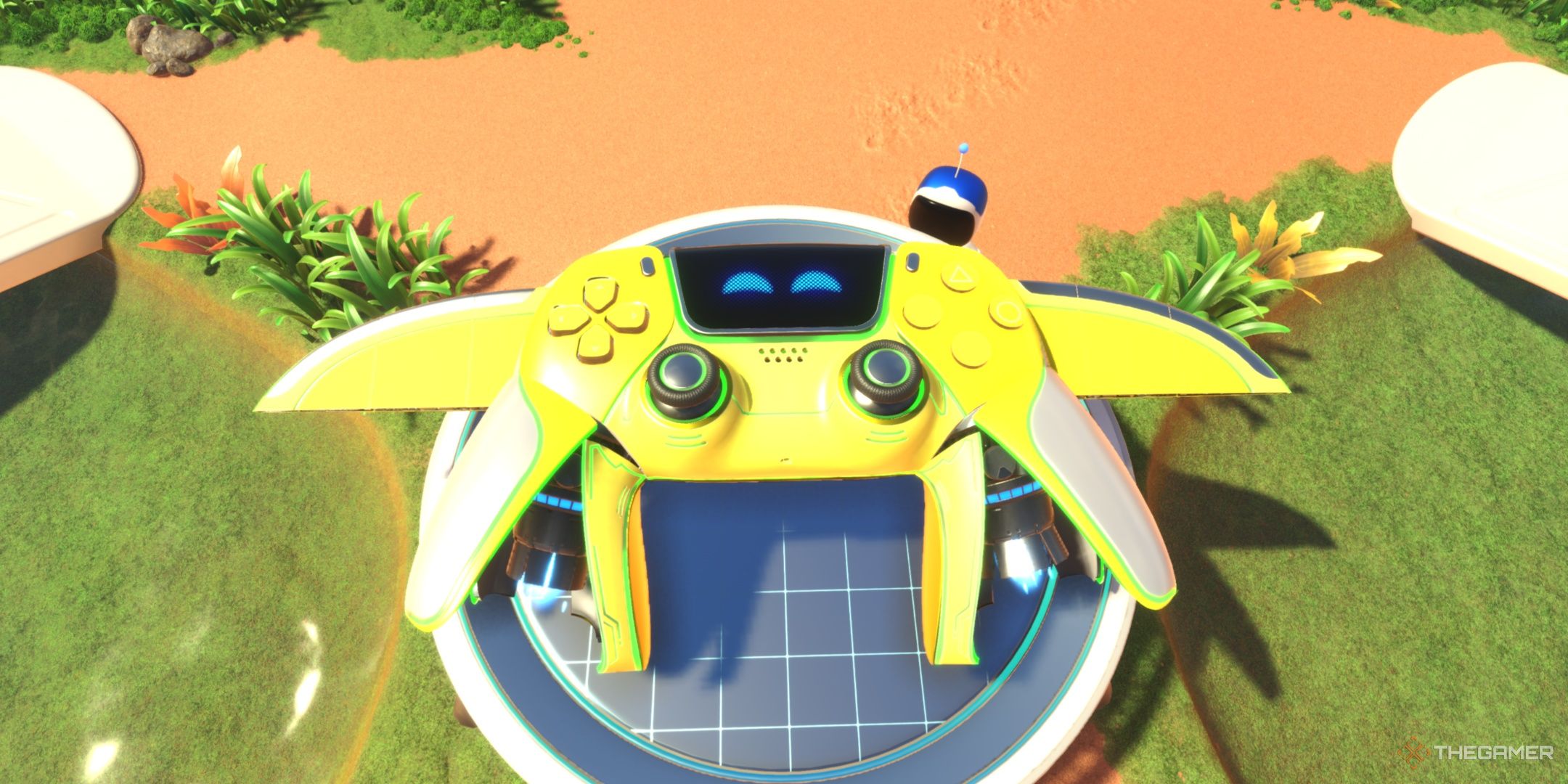 The DualSense in its Cyber Canary skin at the crash site, from Astro Bot.