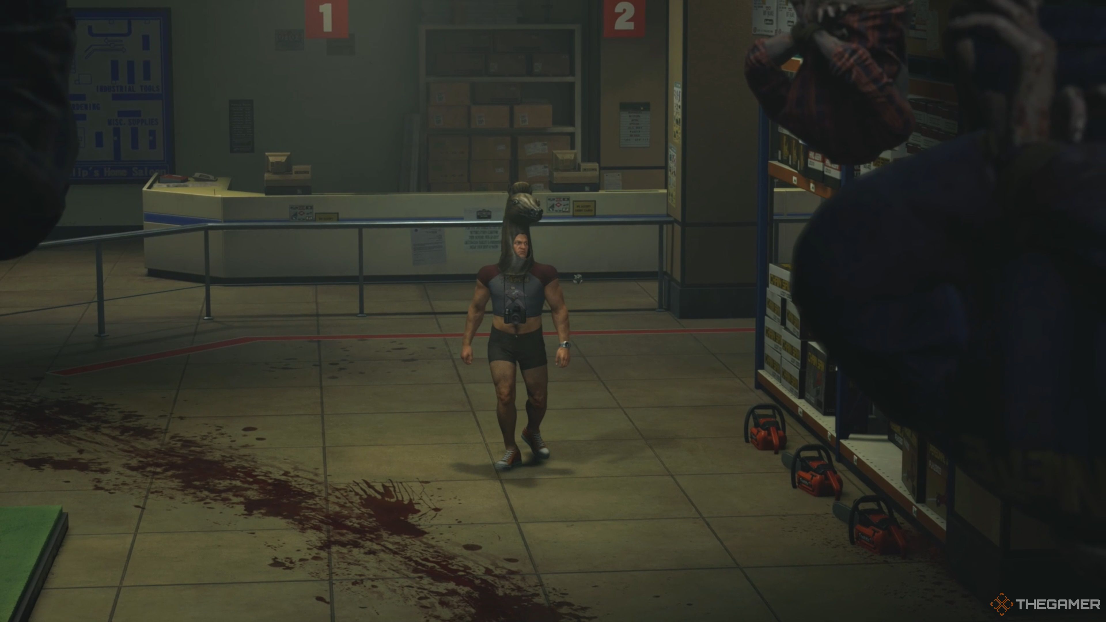 Frank West, in a crop top, booty shorts, wearing a horse head mask, entering the blood-soaked hardware store where Cliff Hudson resides in Dead Rising Deluxe Remaster.