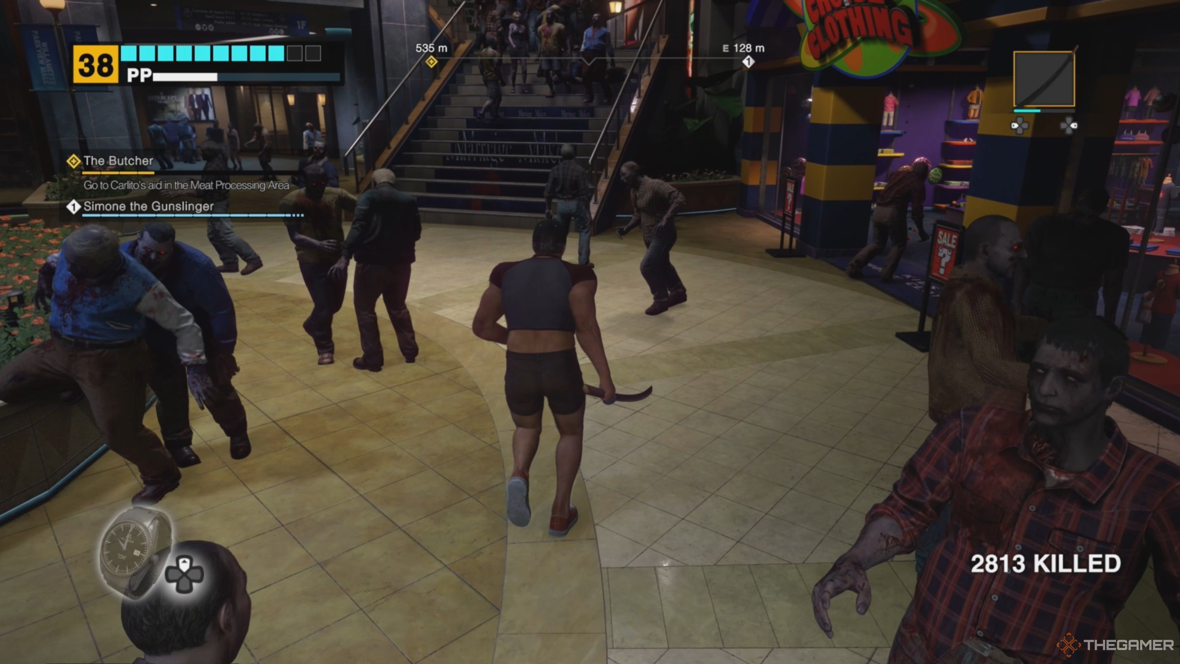 Frank West walking toward a hoard of zombies on the staircase in Paradise Plaza while wielding a Katana in his hand in Dead Rising Deluxe Remaster.