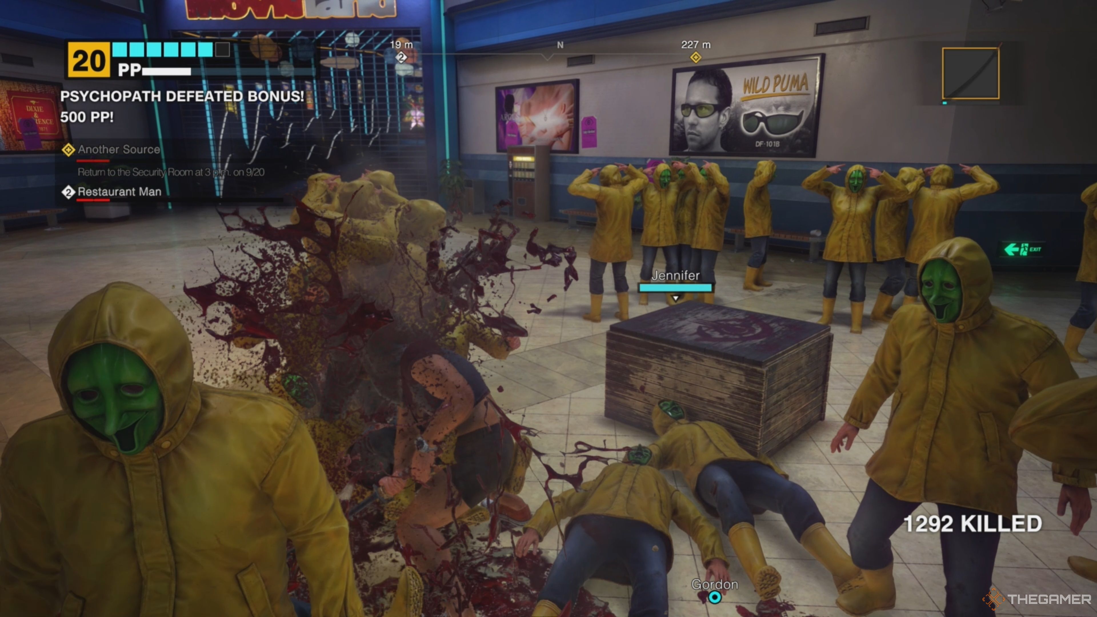 Frank West slashing at hoards of Raincoat Cultists with a Katana in attempts to rescue Jennifer from a box in Dead Rising Deluxe Remaster.