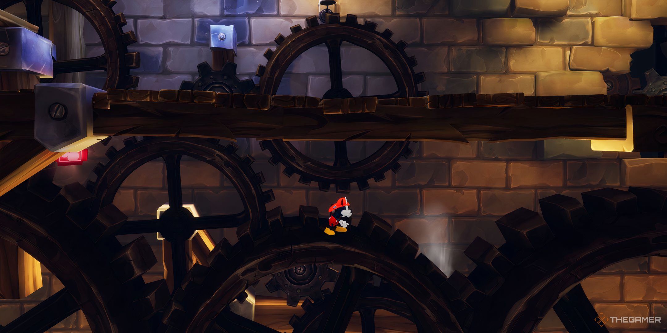 Disney Epic Mickey Rebrushed Mickey standing in Clock Cleaners side scrolling level.