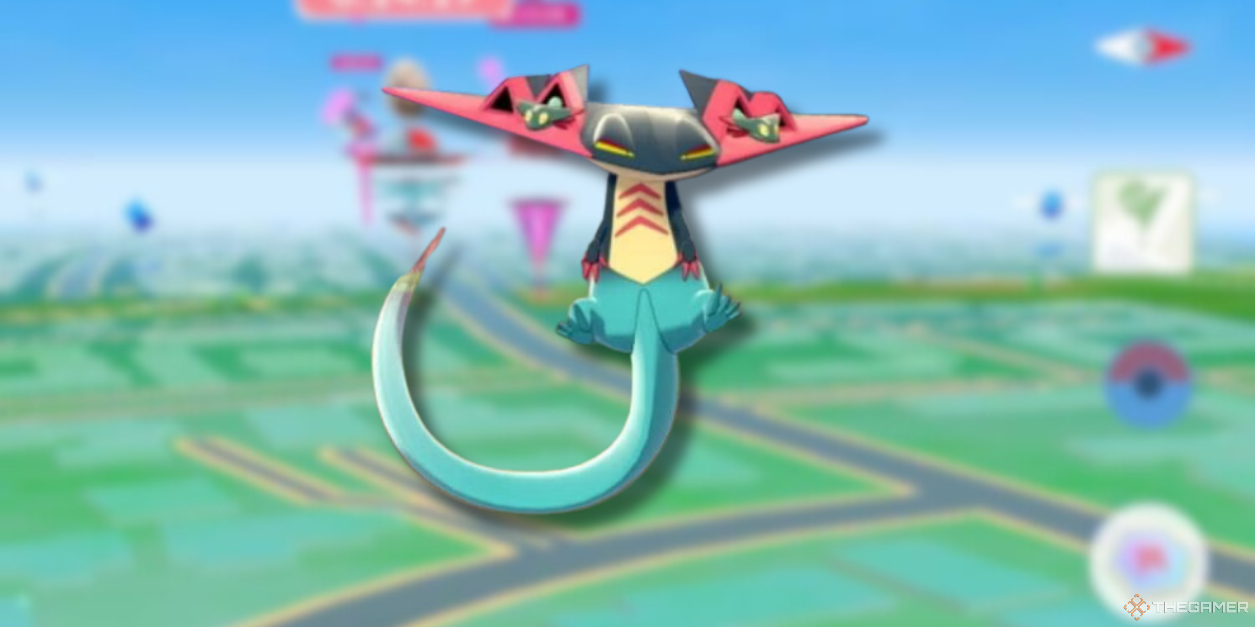 Dragapult is overlaid on top of the Pokemon GO map.