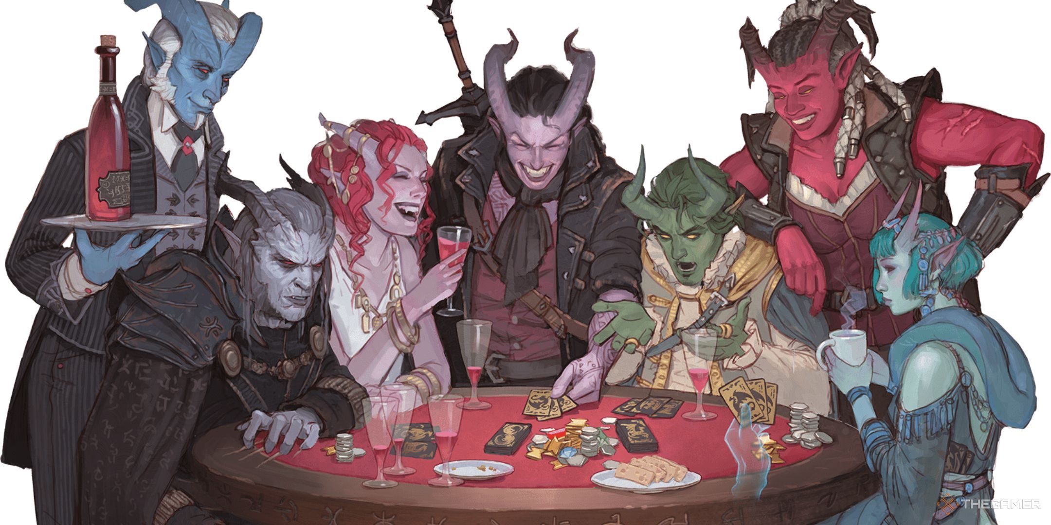 Dungeons & Dragons 2024 Player's Handbook Tieflings gambling around a table.