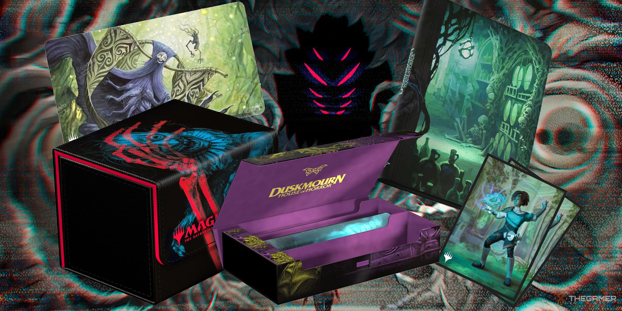 Duskmourn Accessories, showing a folder, playmat, deckbox, Omnihive, and sleeves in front of Valgavoth.
