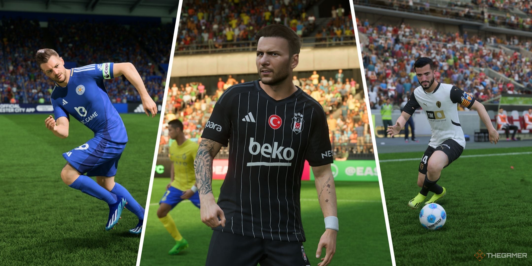 EA Sports FC 25 screenshots of Jaime Vardy, Ciro Immobile, and Gaya in a split image.