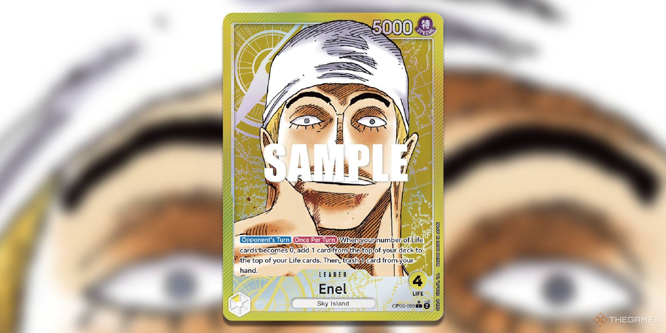 Enel alternate art from OP-05 with a gaussian blur background.