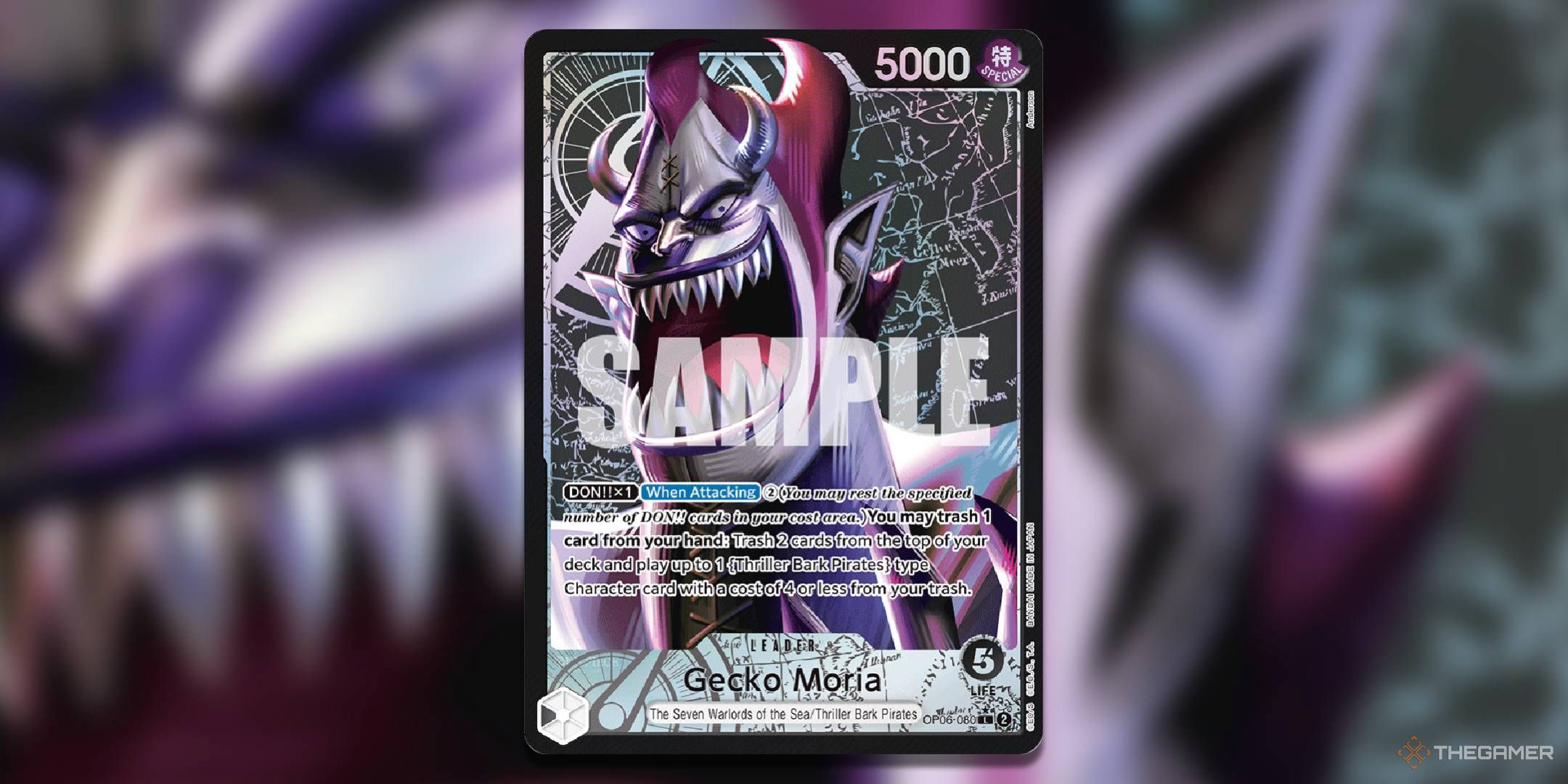 Gecko Moria alternate art leader from OP-06 with a gaussian blur background.