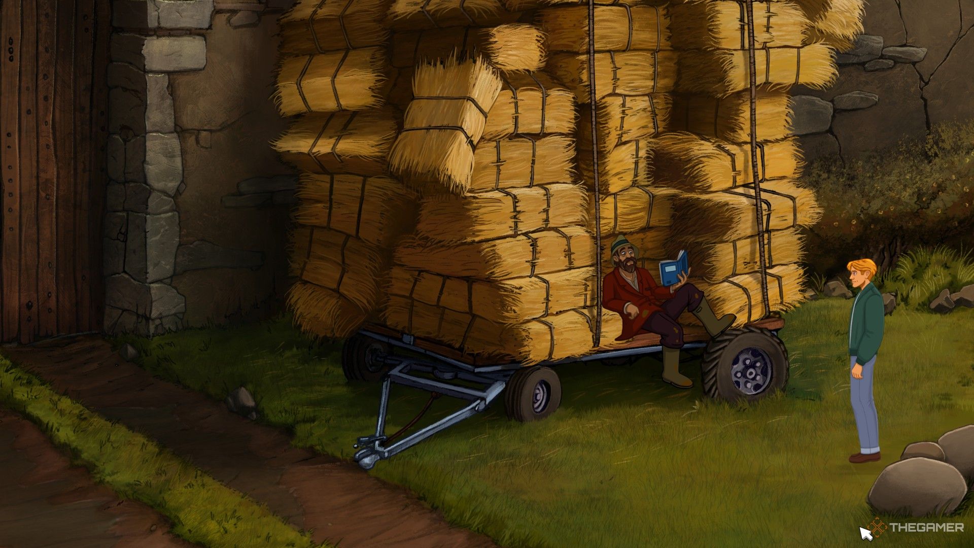 George beside the haystack in Broken Sword Reforged.