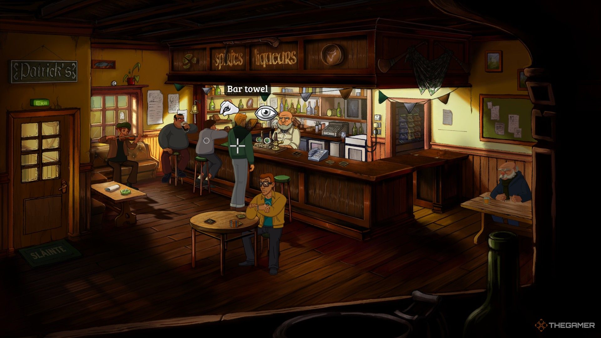 George grabbing the bar towel in Ireland in Broken Sword Reforged.
