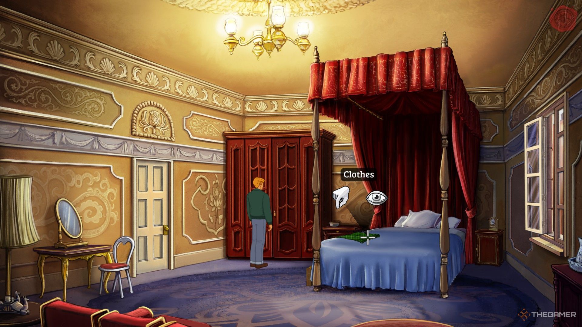 George interacting with Khan's clothes in Broken Sword Reforged.
