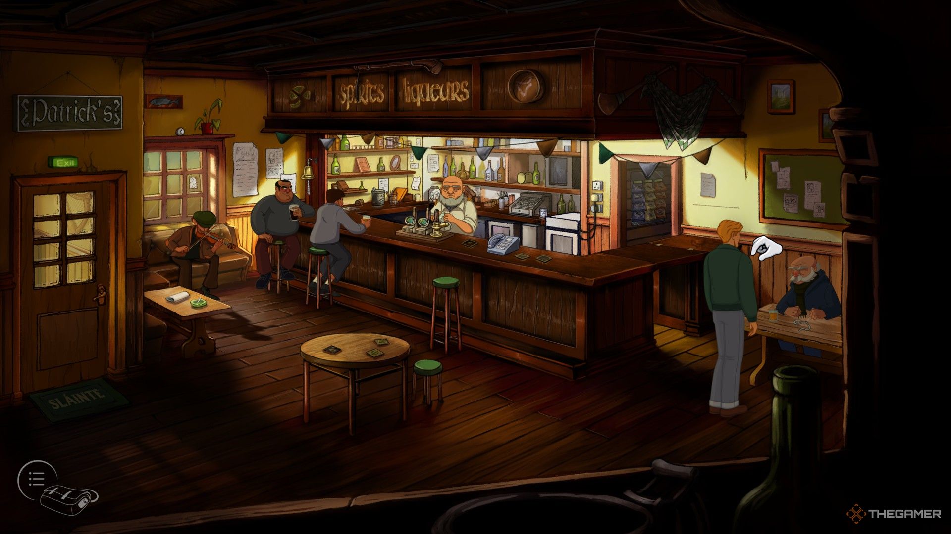 George picking up the wire in the pub in Ireland in Broken Sword Reforged.