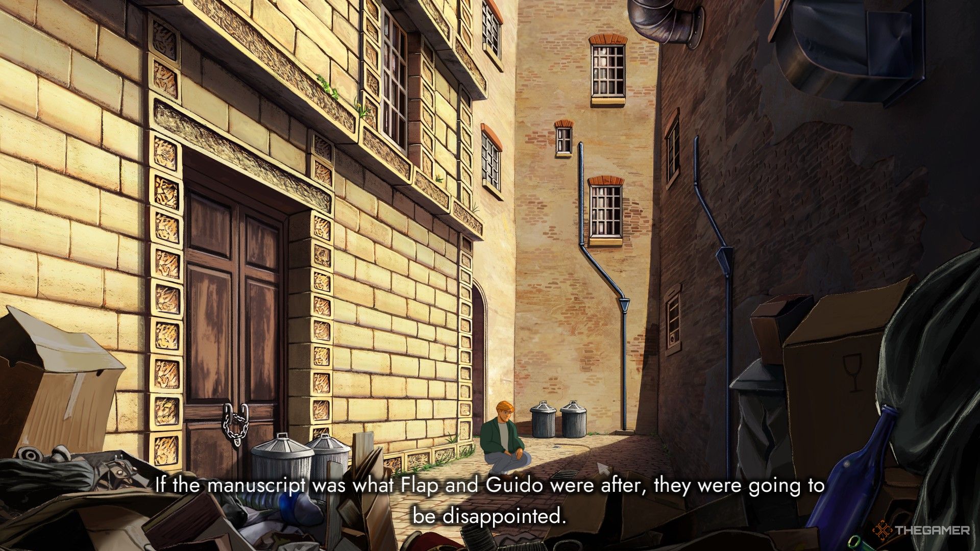 George retrieving the manuscript from the alley  in Broken Sword Reforged.