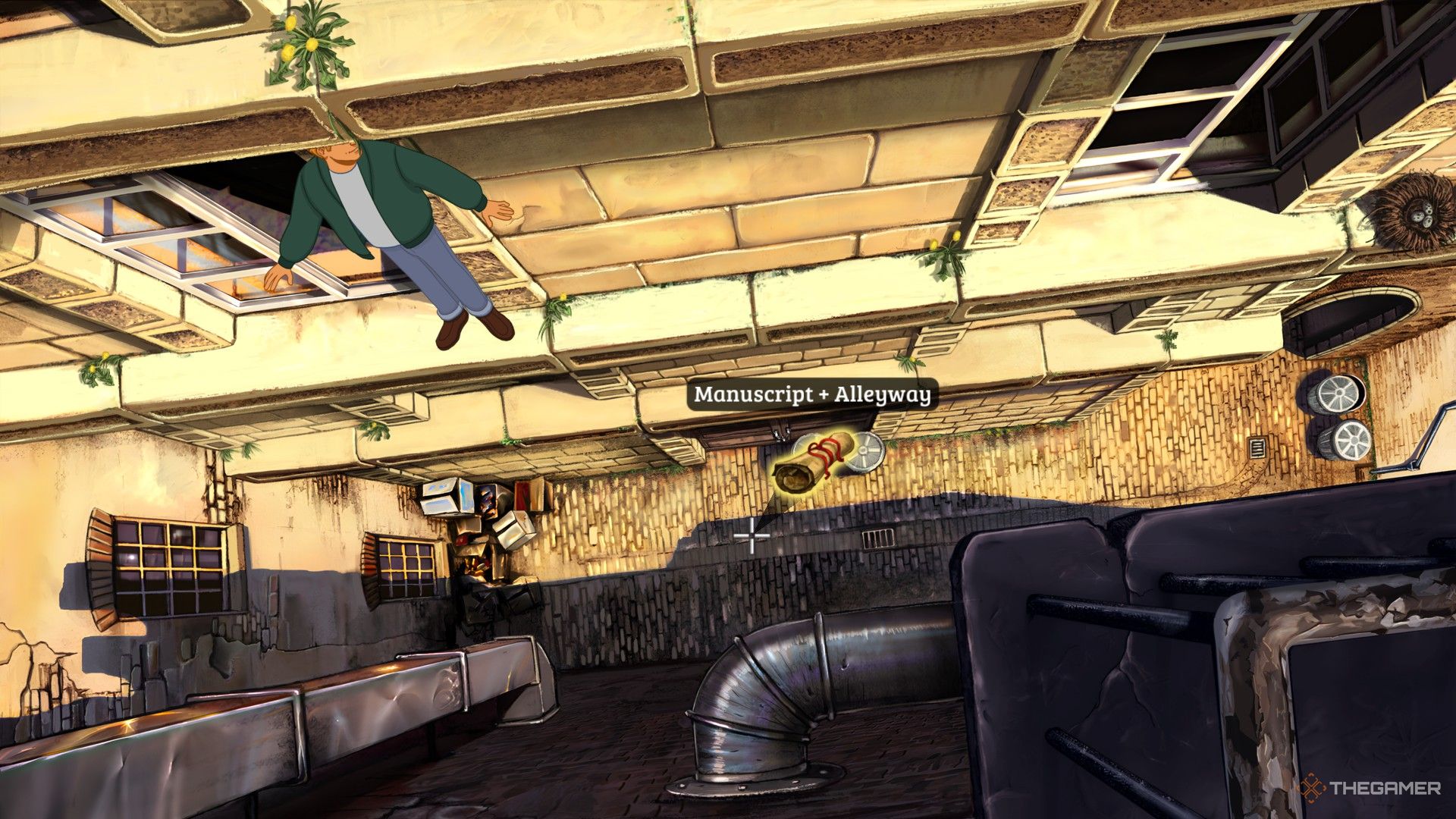 George throwing the manuscript into the alleyway  in Broken Sword Reforged.