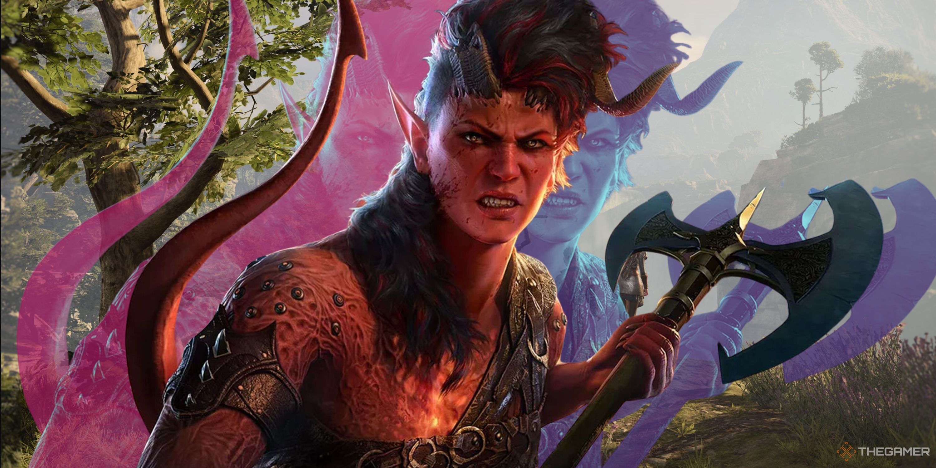 Image featuring Karlach holding an axe with two monochromatic echoes of her behind her full color image