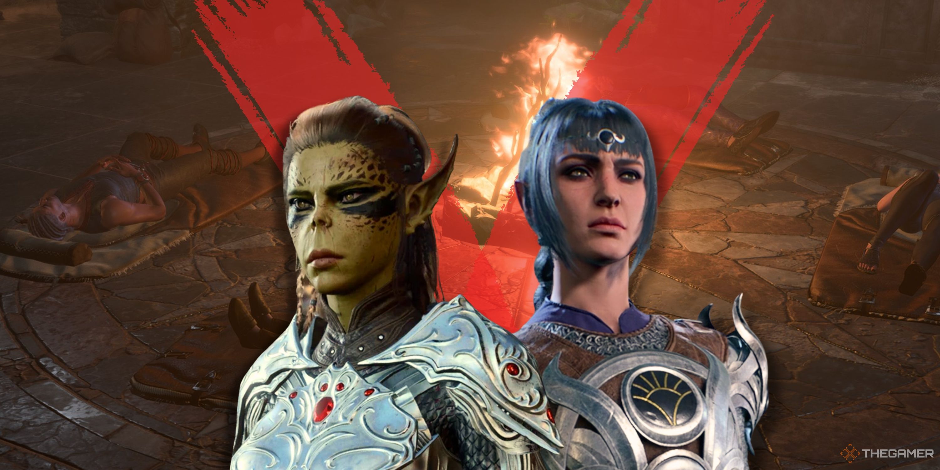 Image of Lae'zel and Shadowheart from Baldur's Gate 3 with a red x behind them