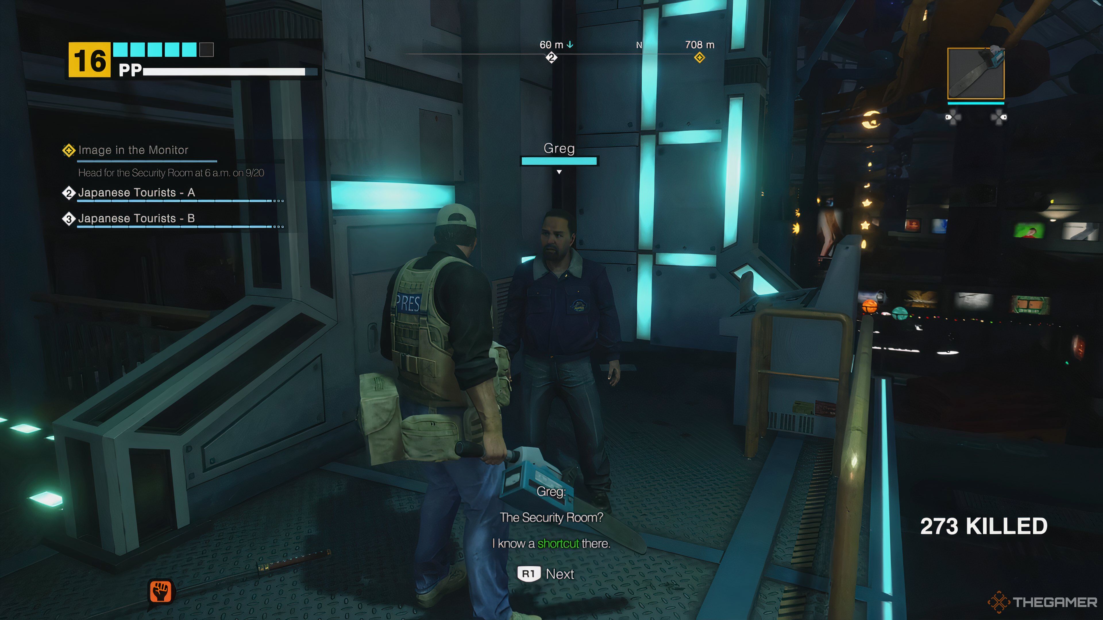 Frank talking to Greg about a shortcut in Dead Rising Deluxe Remaster.