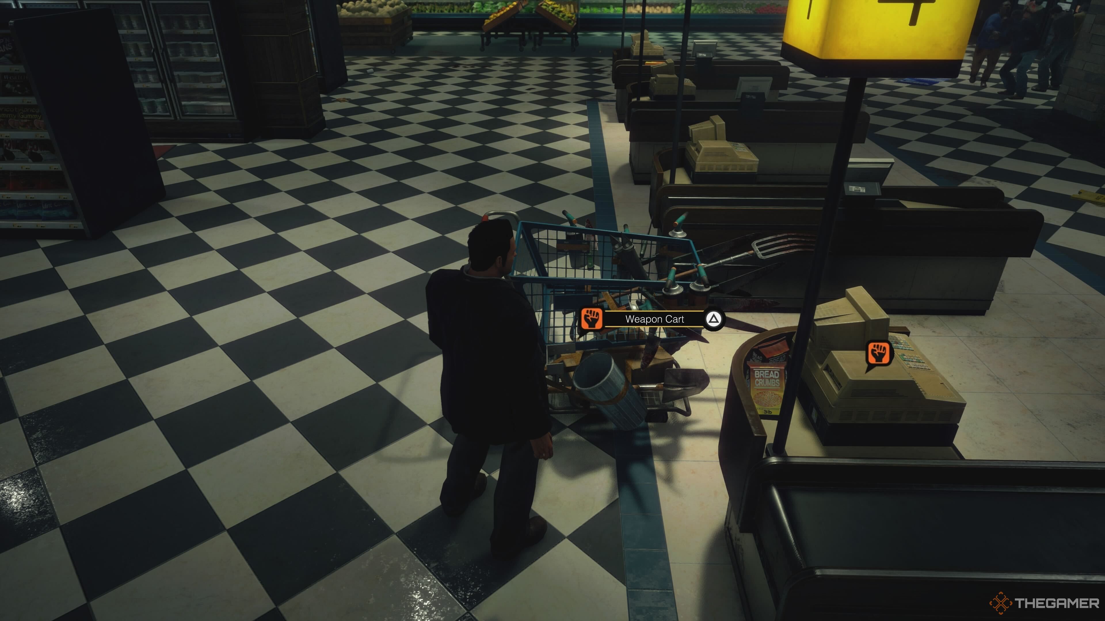 Frank with the Weapon Cart in Dead Rising Deluxe Remaster.