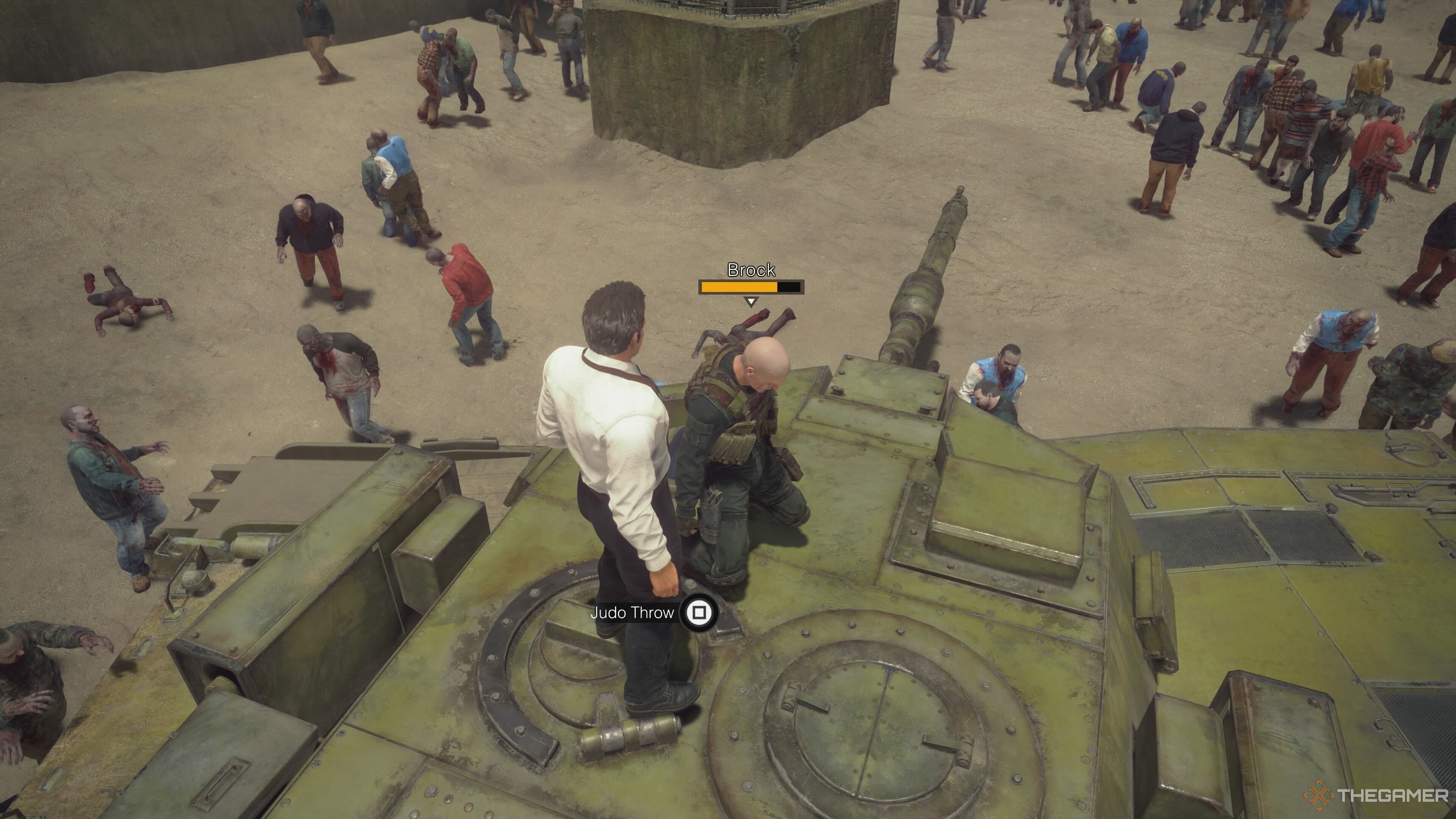 Frank about to use a skill move on Brock in Dead Rising Deluxe Remaster.