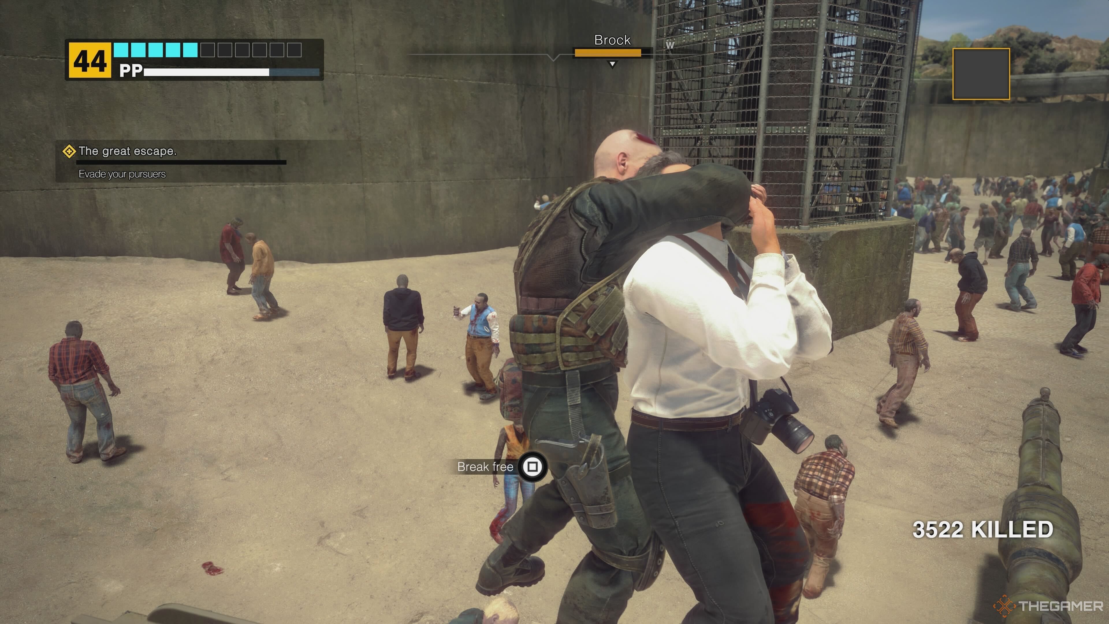 Frank being strangleholded in Dead Rising Deluxe Remaster.