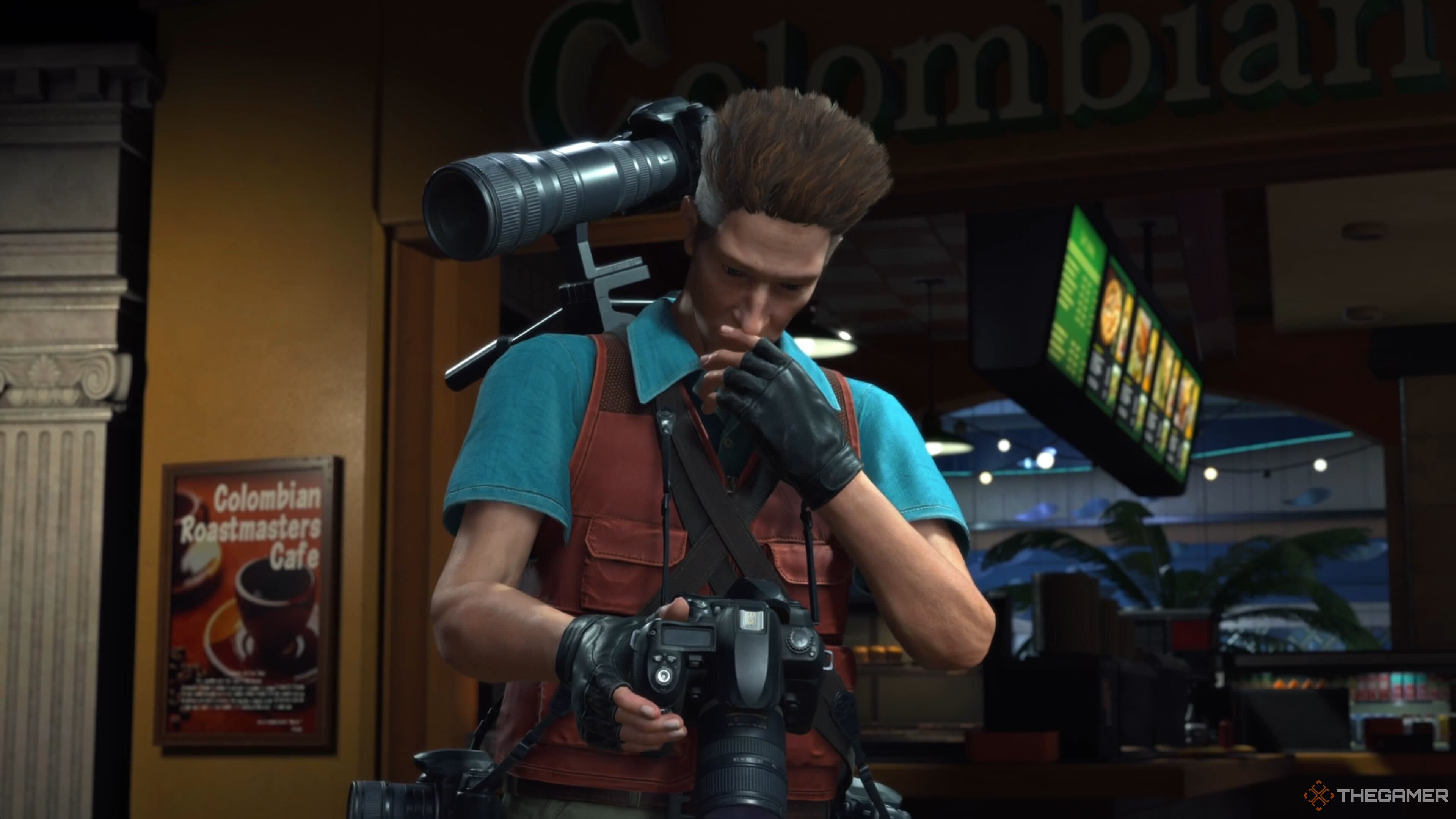 Kent looking at his camera in Dead Rising Deluxe Remaster.
