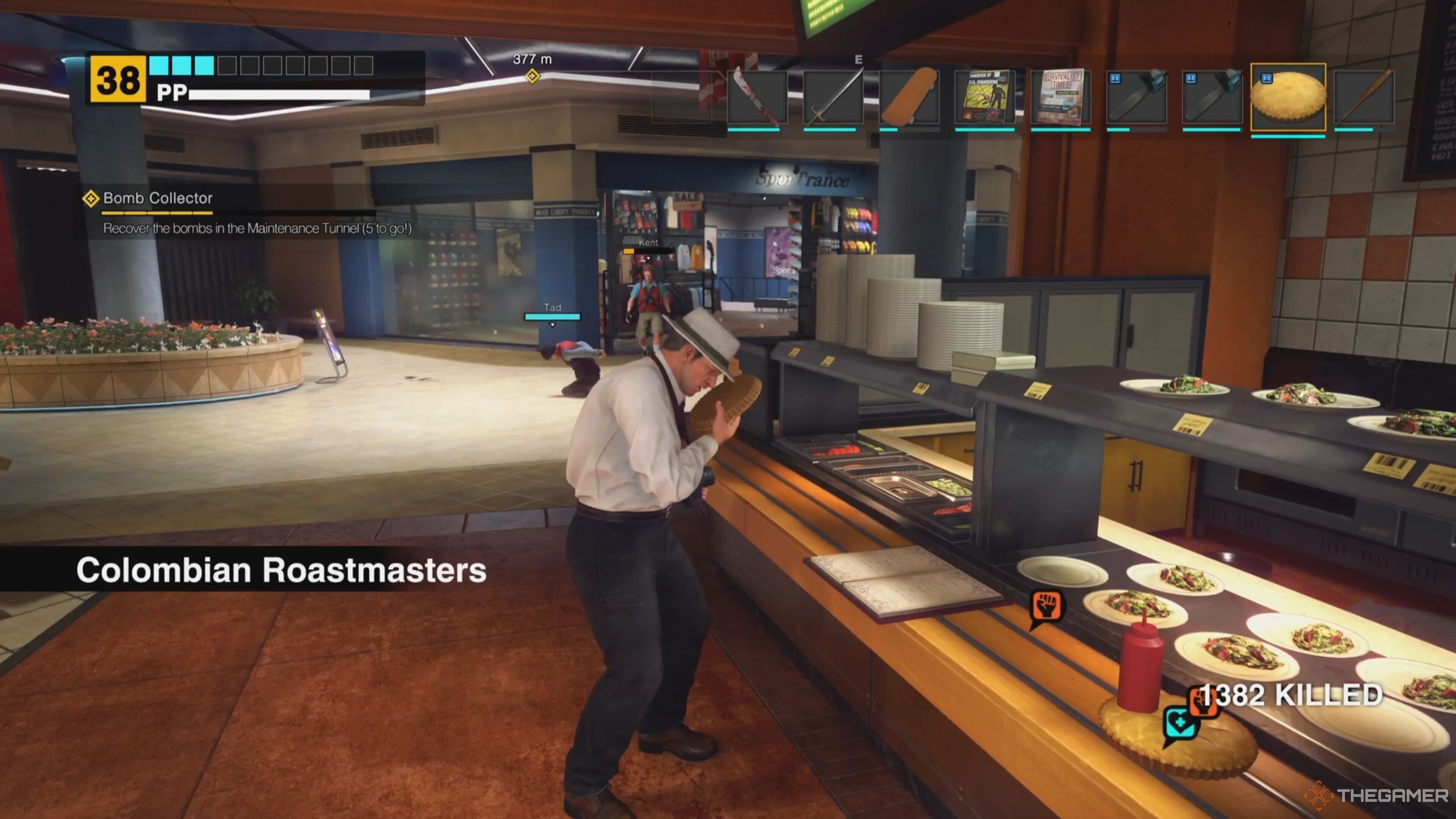 Frank eating a pie while fighting Kent in Dead Rising Deluxe Remaster.