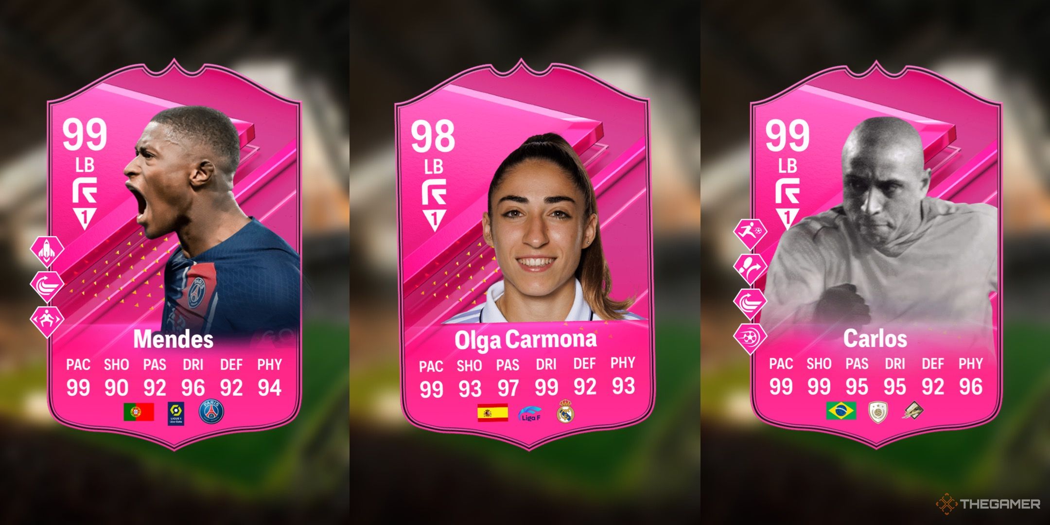 Image showing Mendes, Carmona, and Carlos card against a faded pitch background.