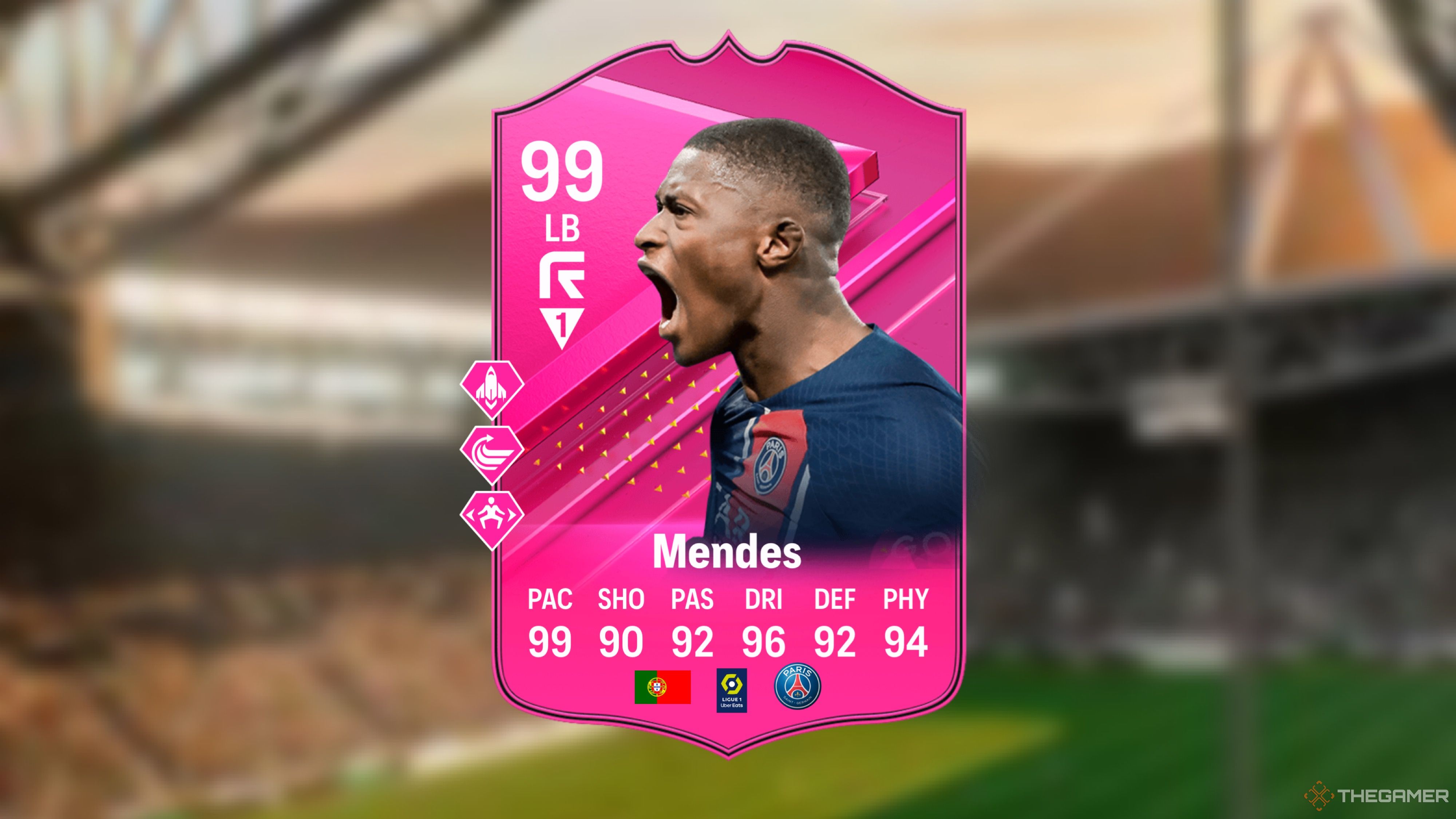 Image showing Mendes card against a faded stadium background. 