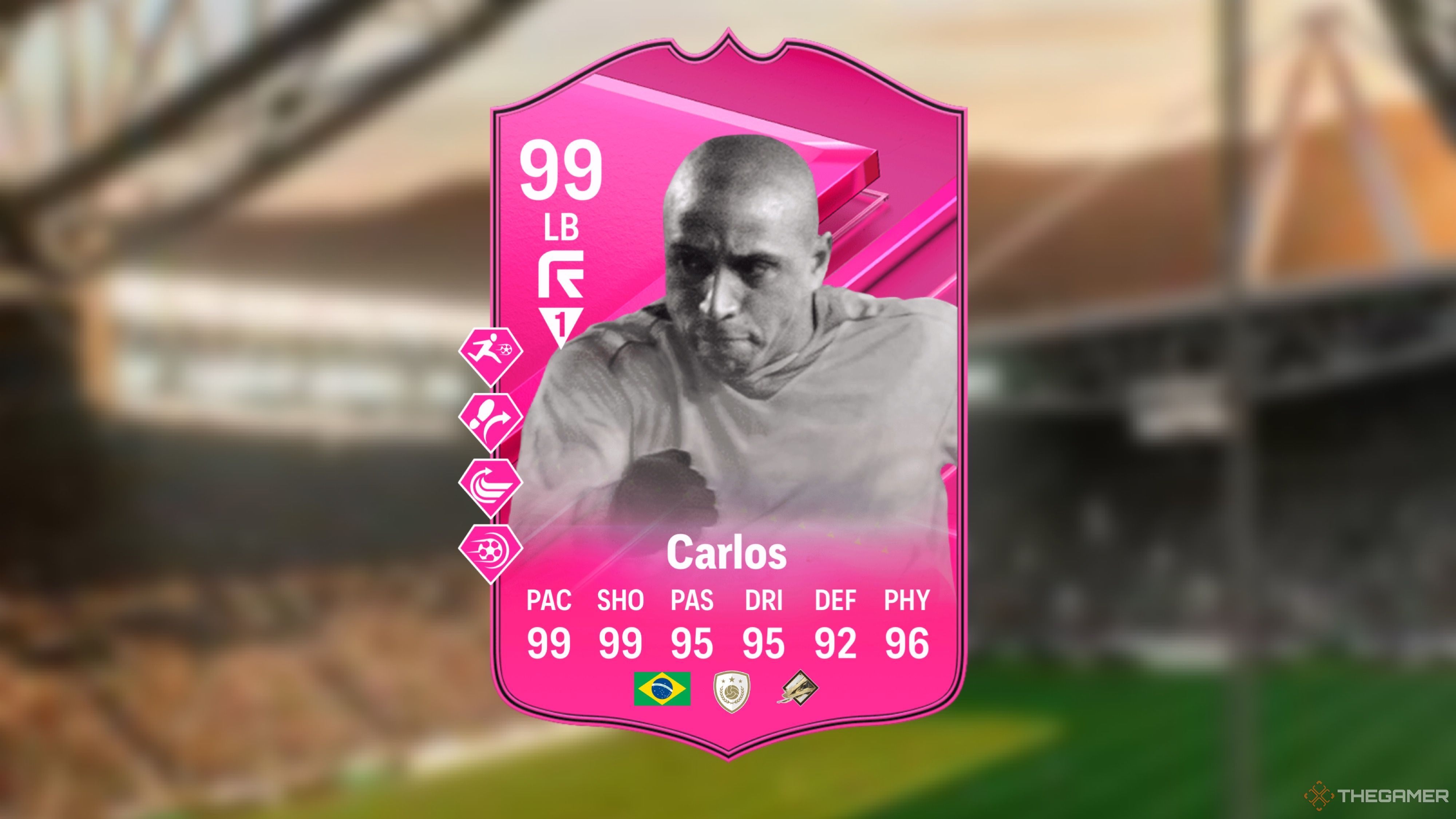 Image showing Carlos card against a faded stadium background. 