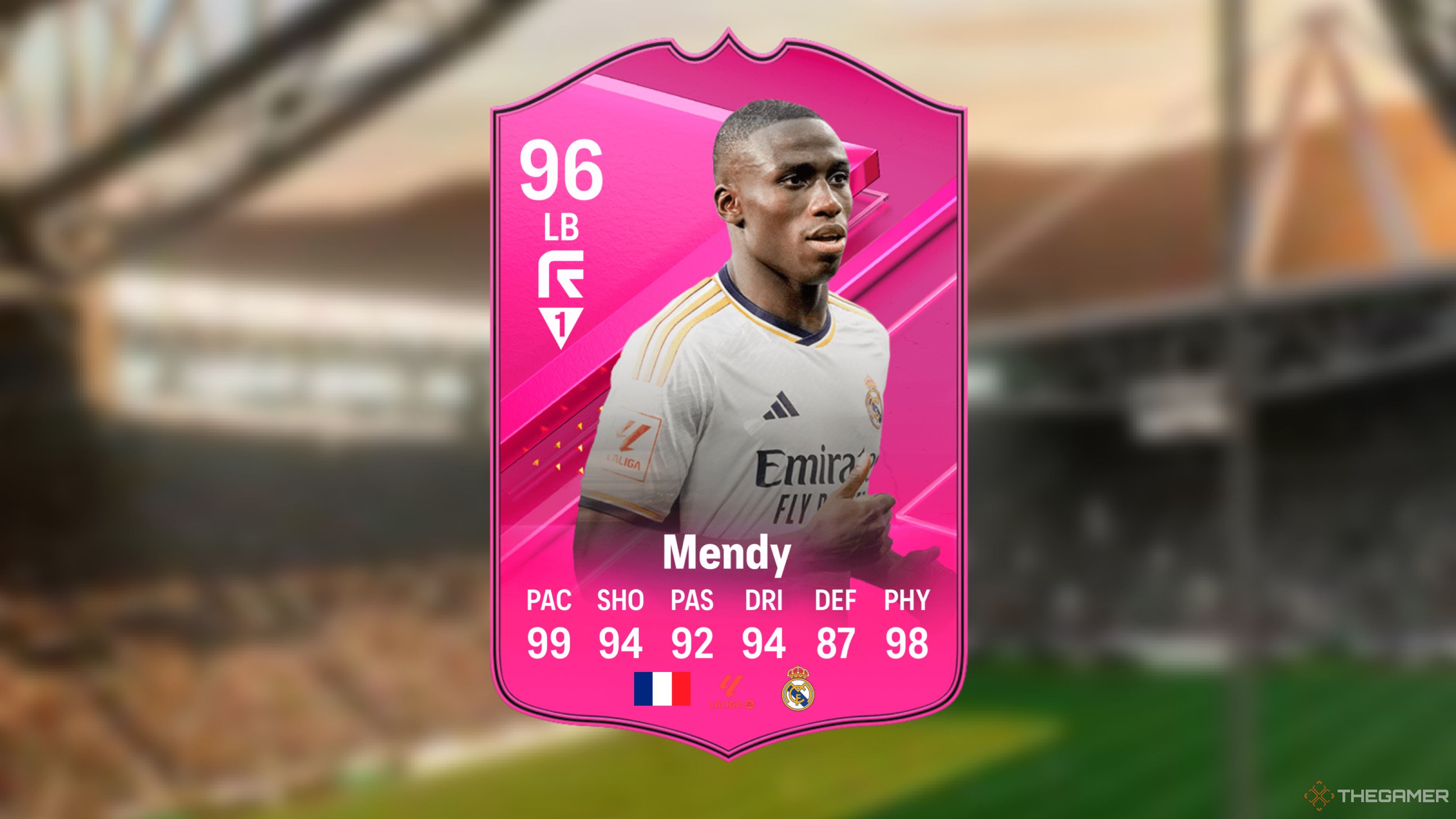 Image showing Mendy card against a faded stadium background. 