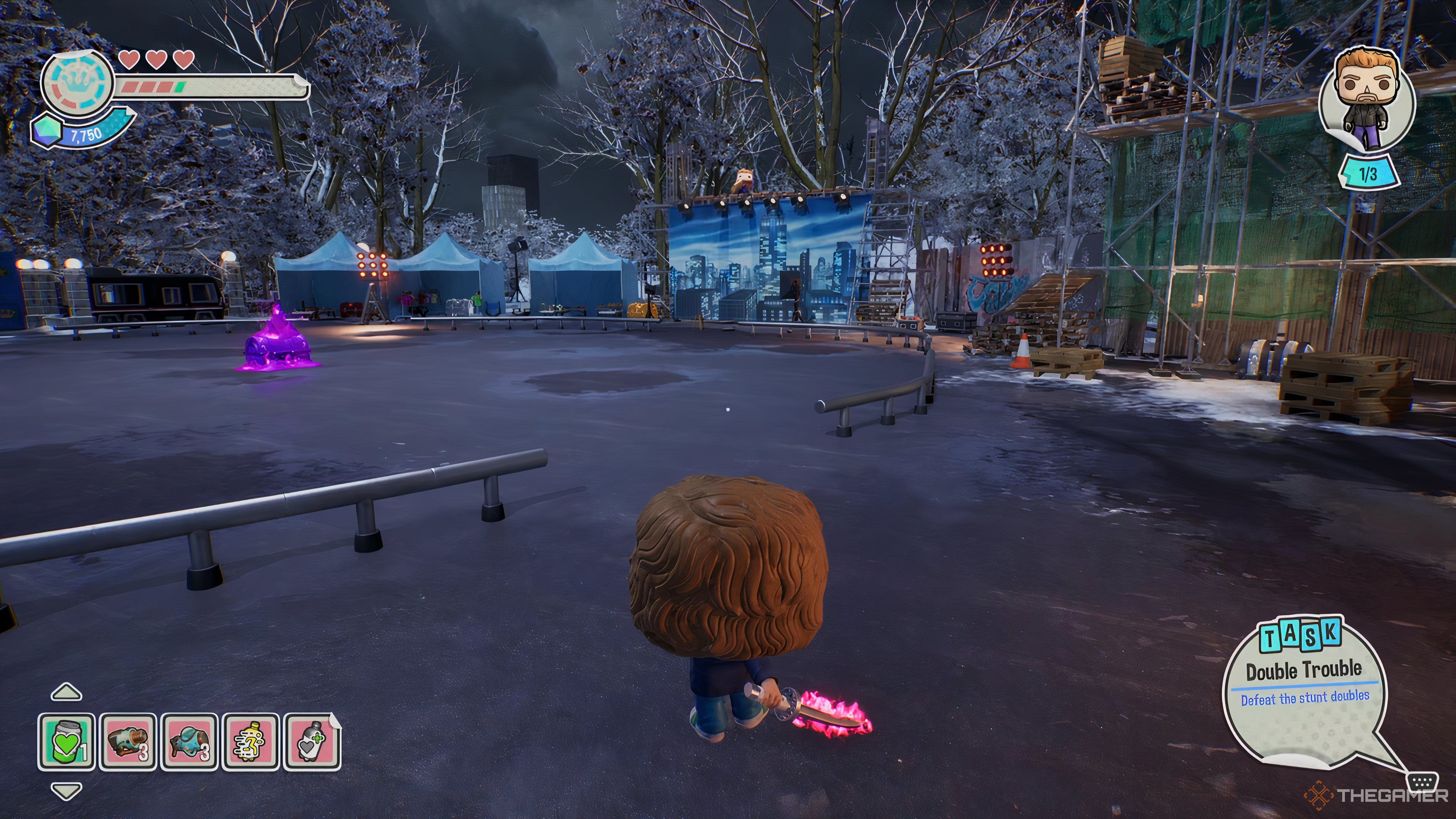 Scott Pilgrim looking out at the second stunt double atop a city backdrop in Funko Fusion.