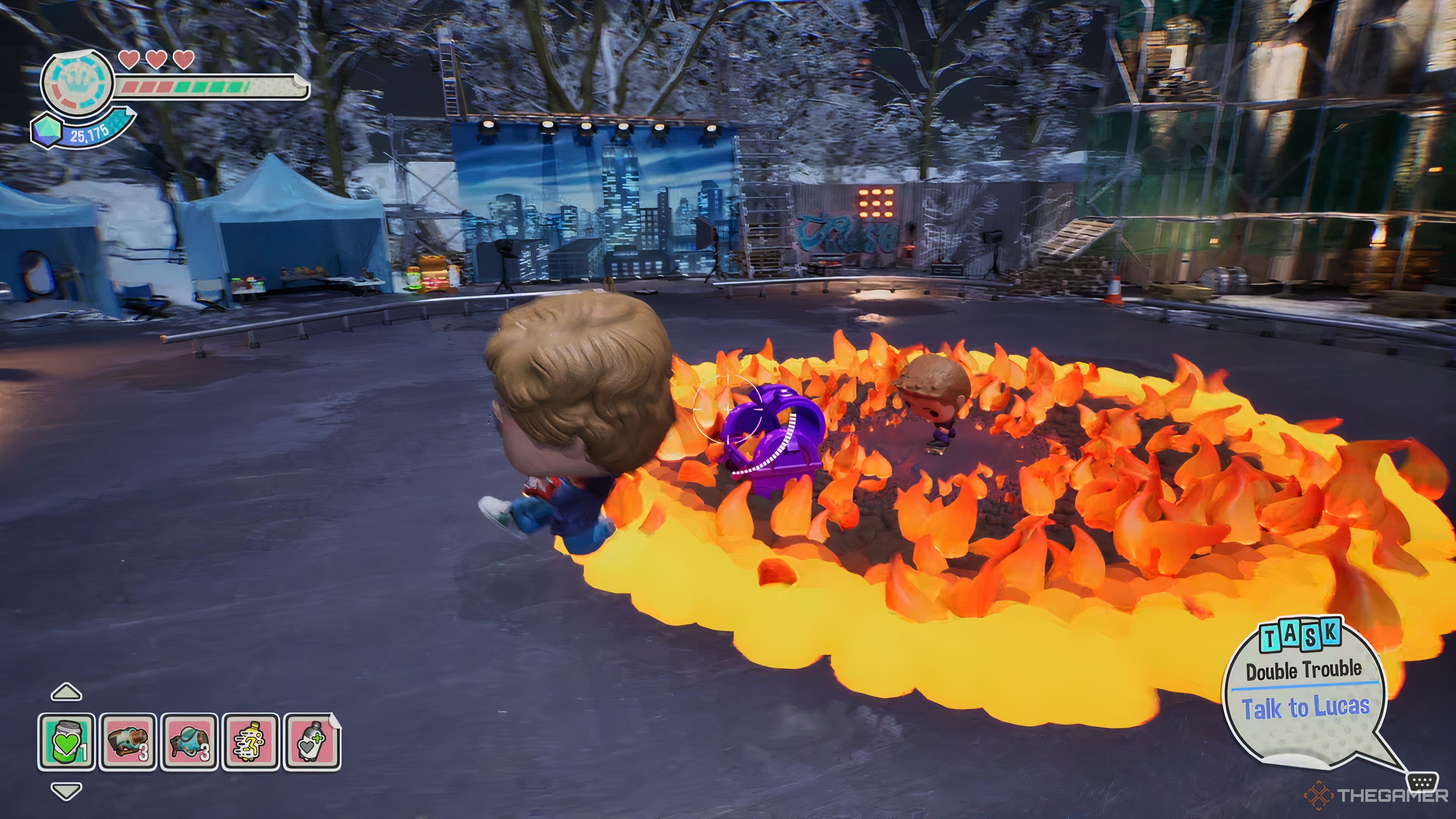 Lucas attacks Scott Pilgrim with a ring of fire coming from him in Funko Fusion.