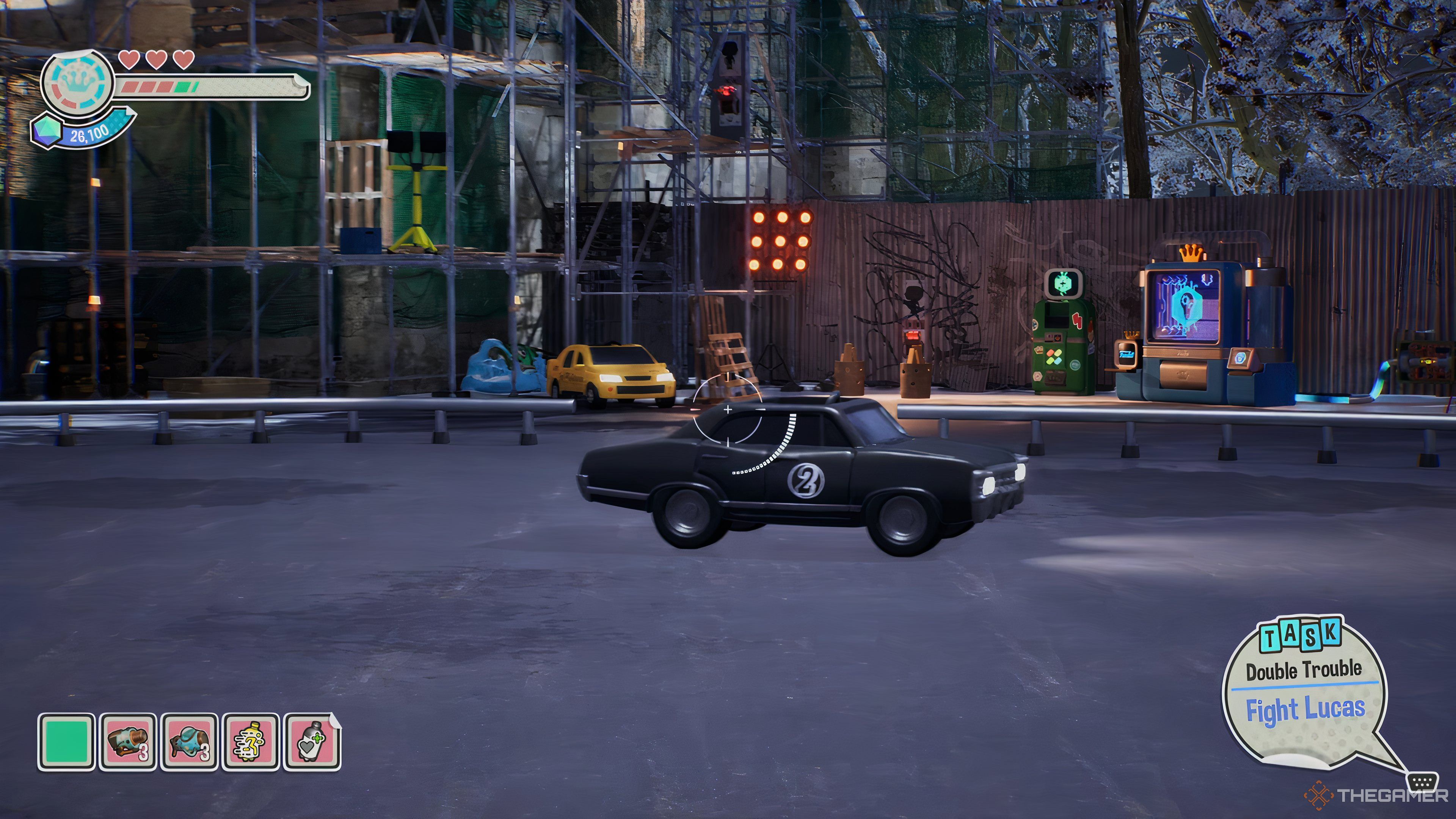 A black car with the number two on hte door rolls into the Scott Pilgrim area in Funko Fusion.