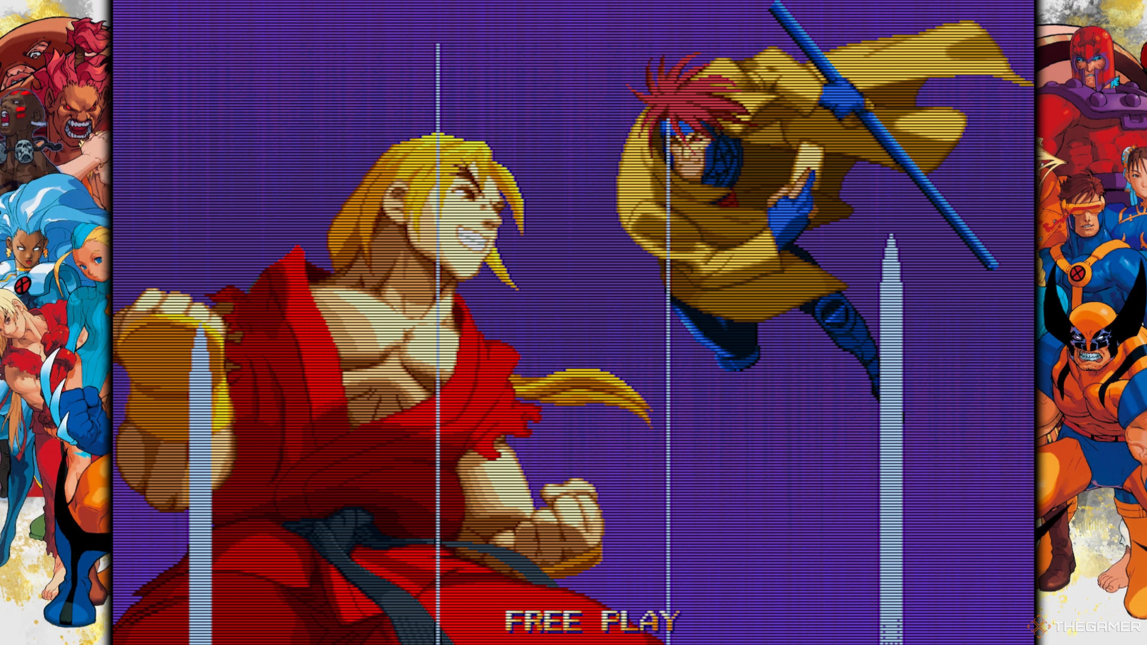Marvel Vs. Capcom Fighting Collection Arcade Classics. Intro screen showing Ken and Gambit fighting.