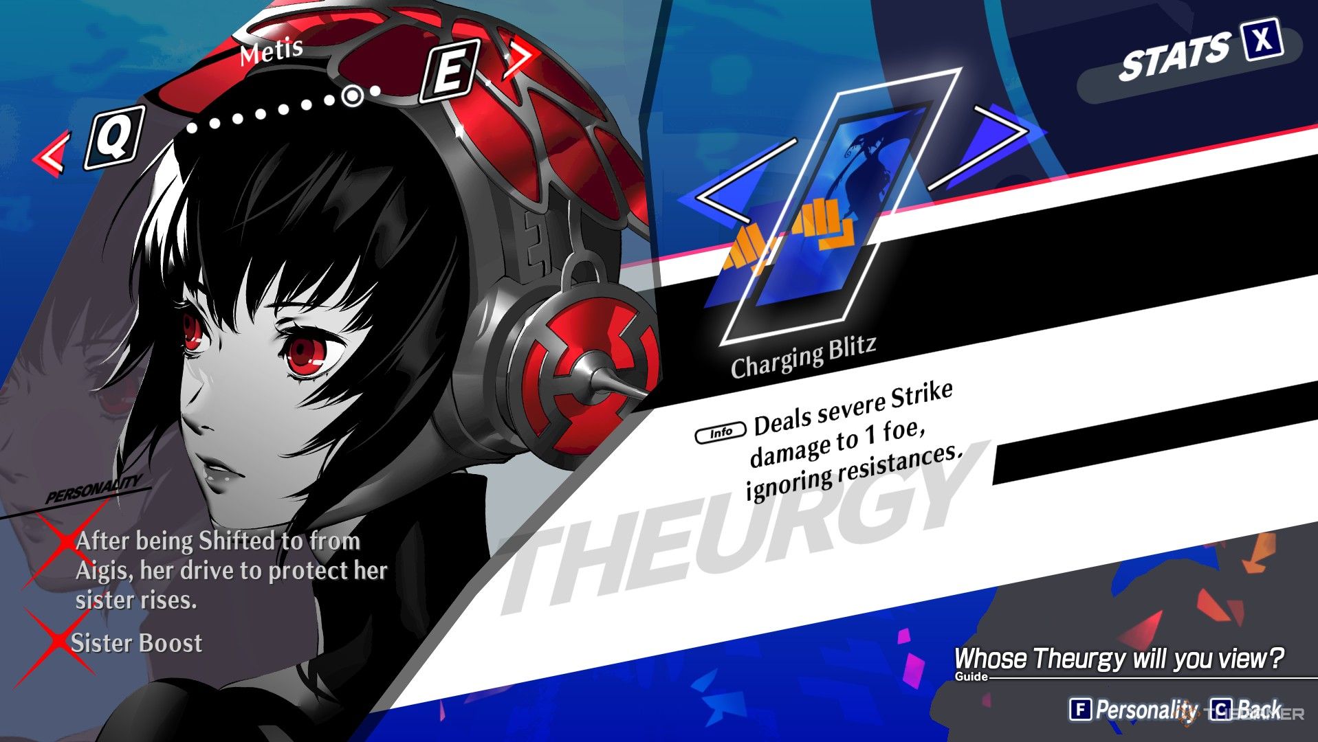 Metis' Theurgy skill in the menu for Persona 3 Reload Episode Aigis
