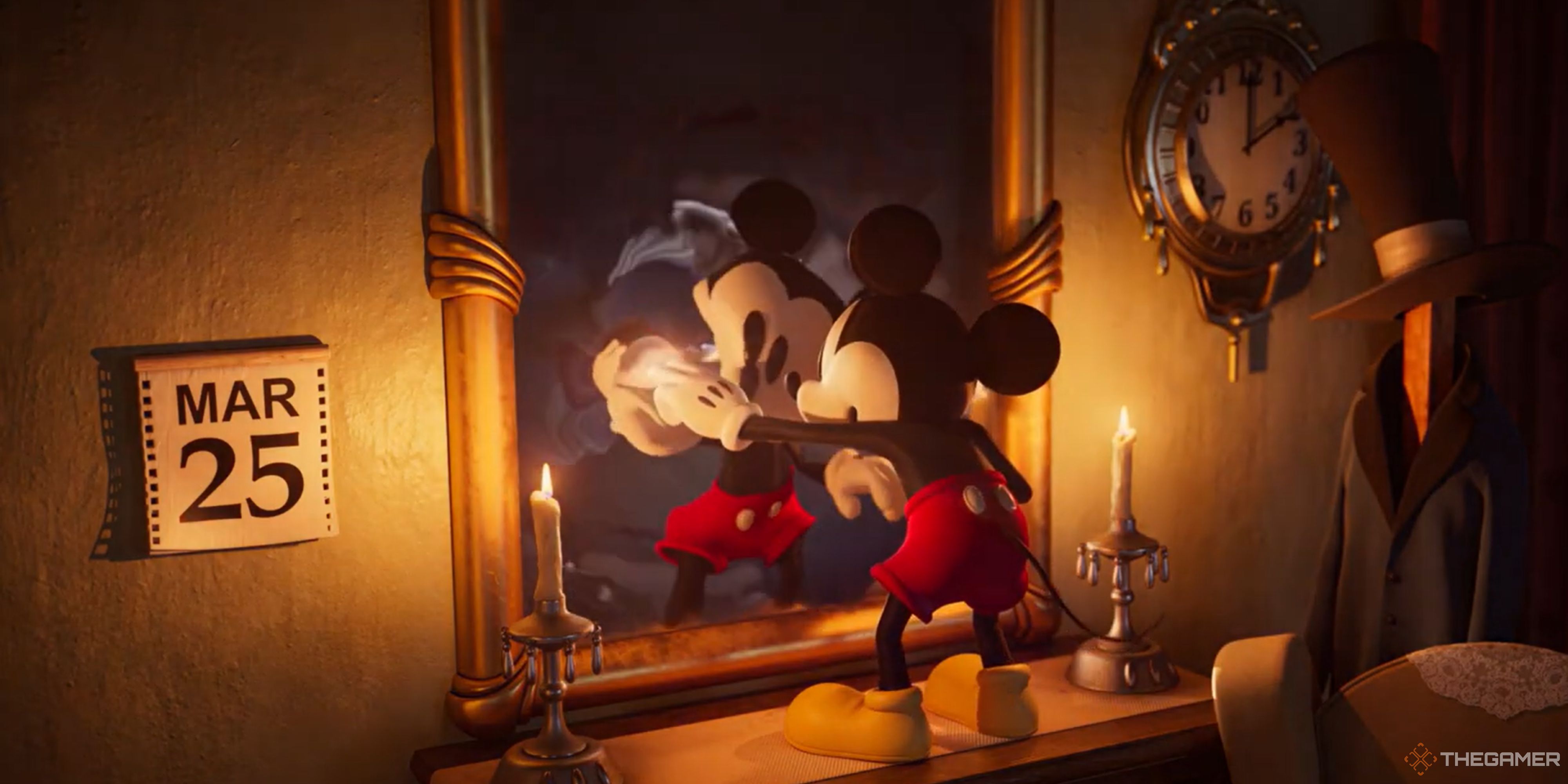 Mickey Mouse starts to enter his mirror in Epic Mickey Rebrushed.