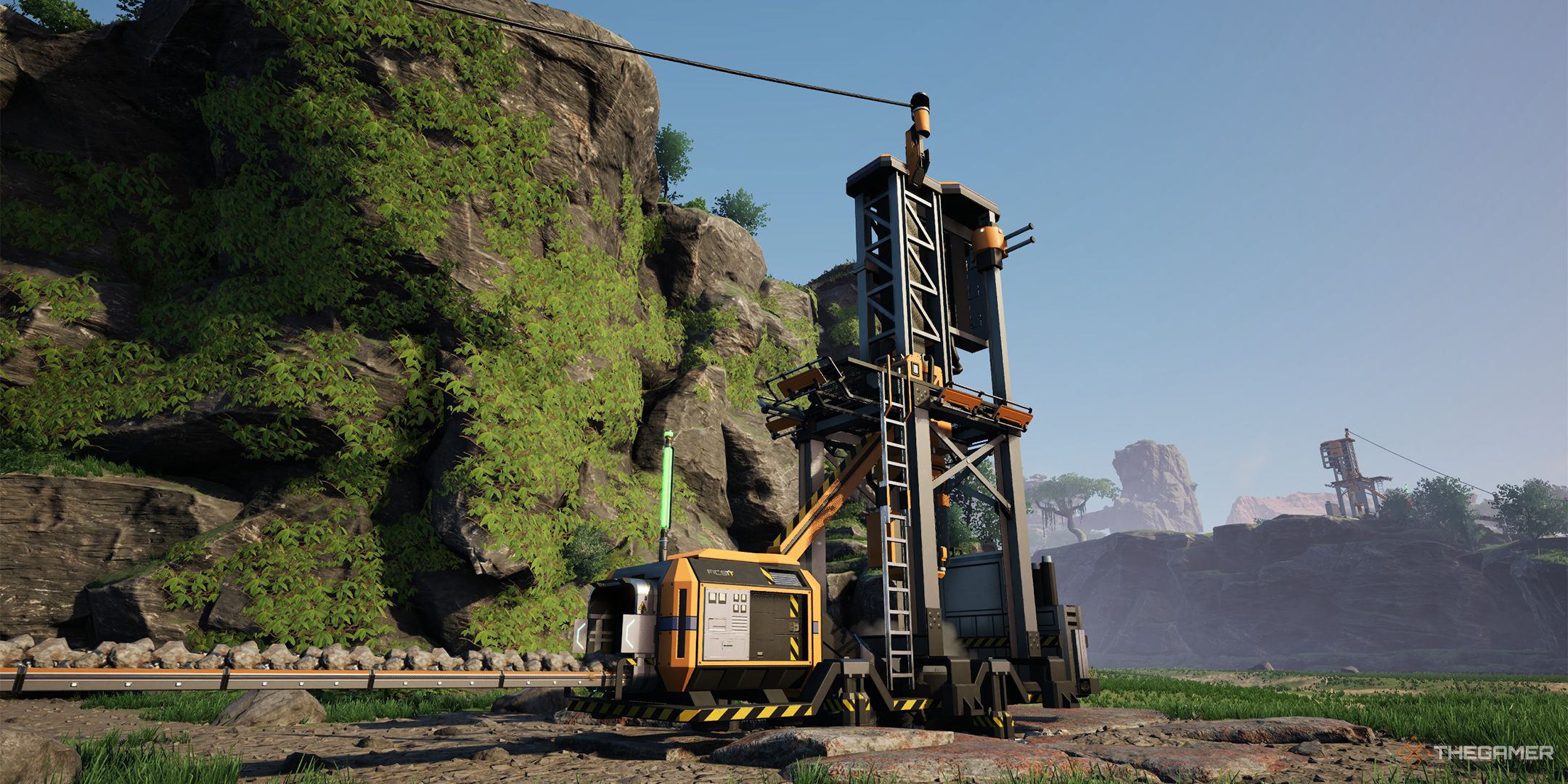 A Miner digging up iron ore next to a plant-covered cliff side.