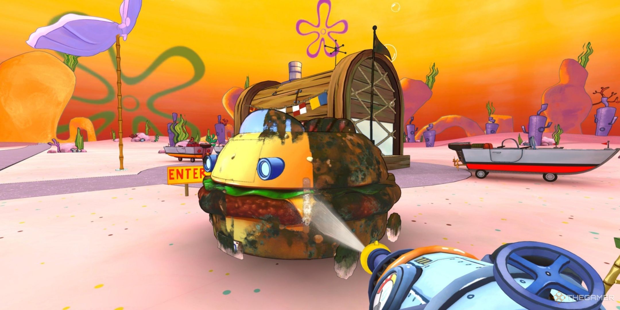 Cleaning being performed in the Spongebob DLC for POwerwash Simulator.